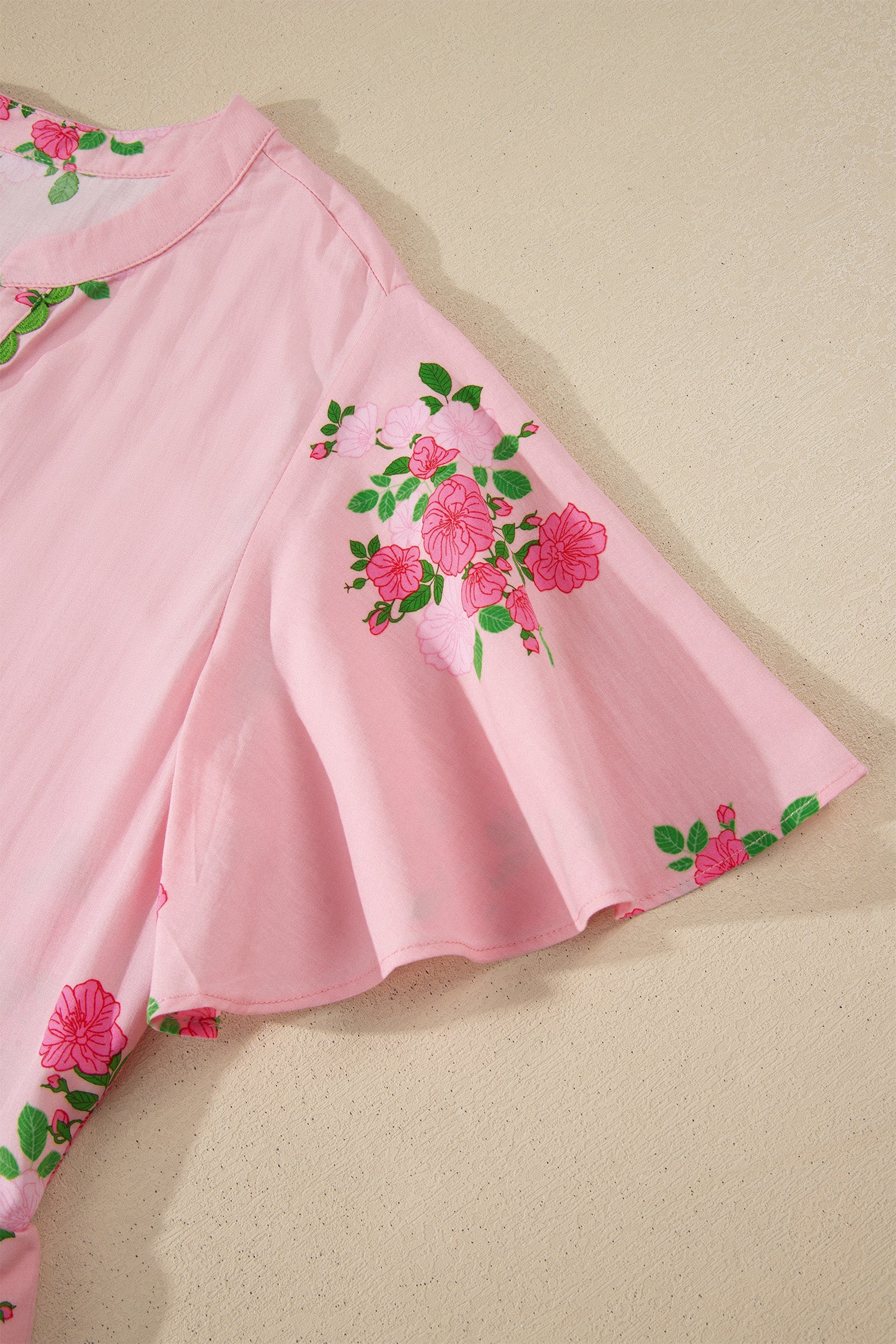 Pink Notched Neck Flutter Short Sleeve Floral Print Maxi Dress-TOPS / DRESSES-[Adult]-[Female]-2022 Online Blue Zone Planet