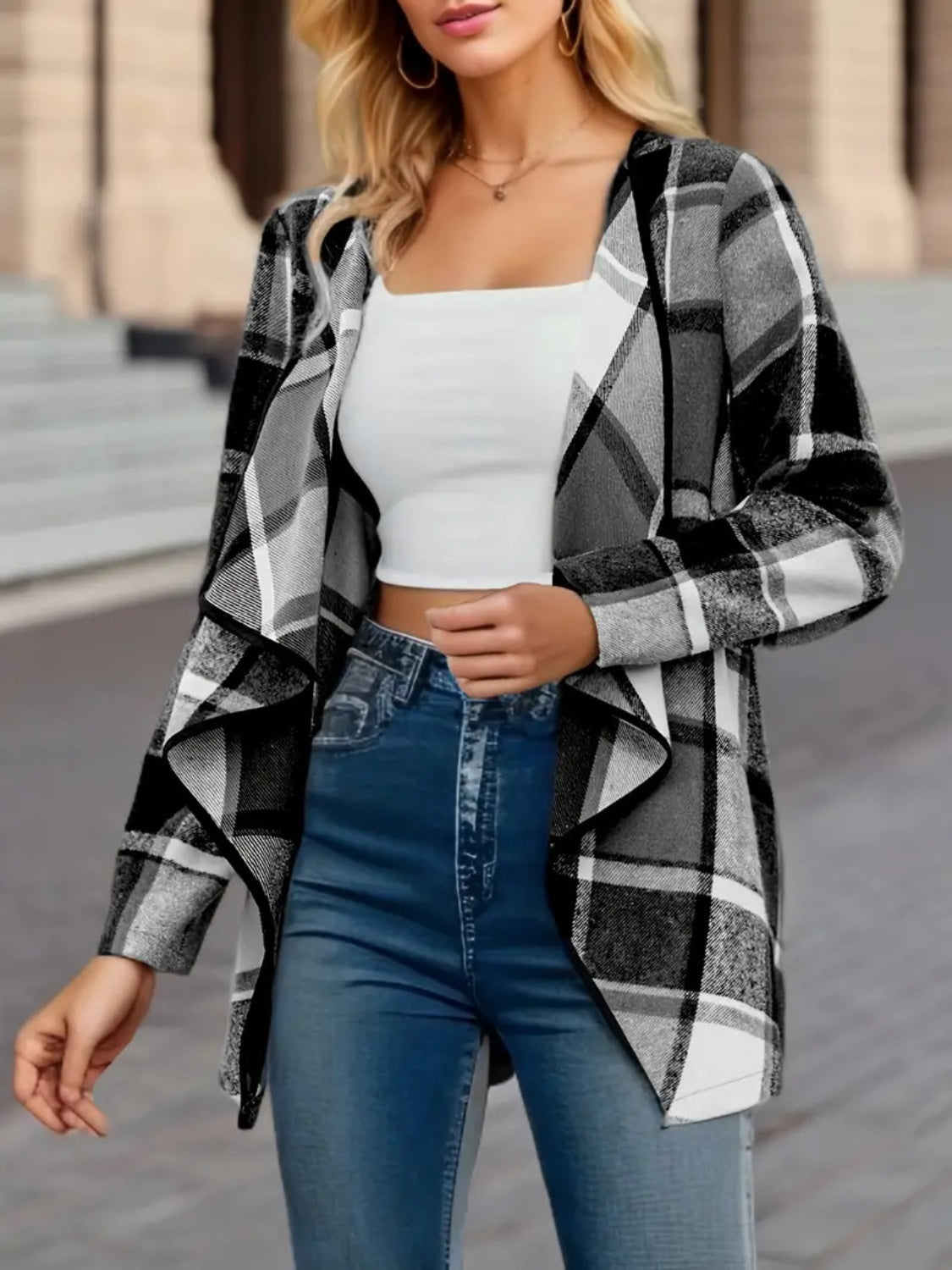 Plaid Open Front Long Sleeve Jacket-TOPS / DRESSES-[Adult]-[Female]-2022 Online Blue Zone Planet