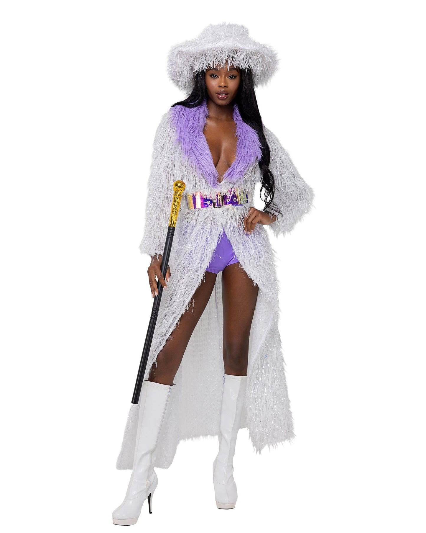 4 Piece High-Roller Lady Pimp Halloween Costume-[Adult]-[Female]-White/Lavender-S-2022 Online Blue Zone Planet