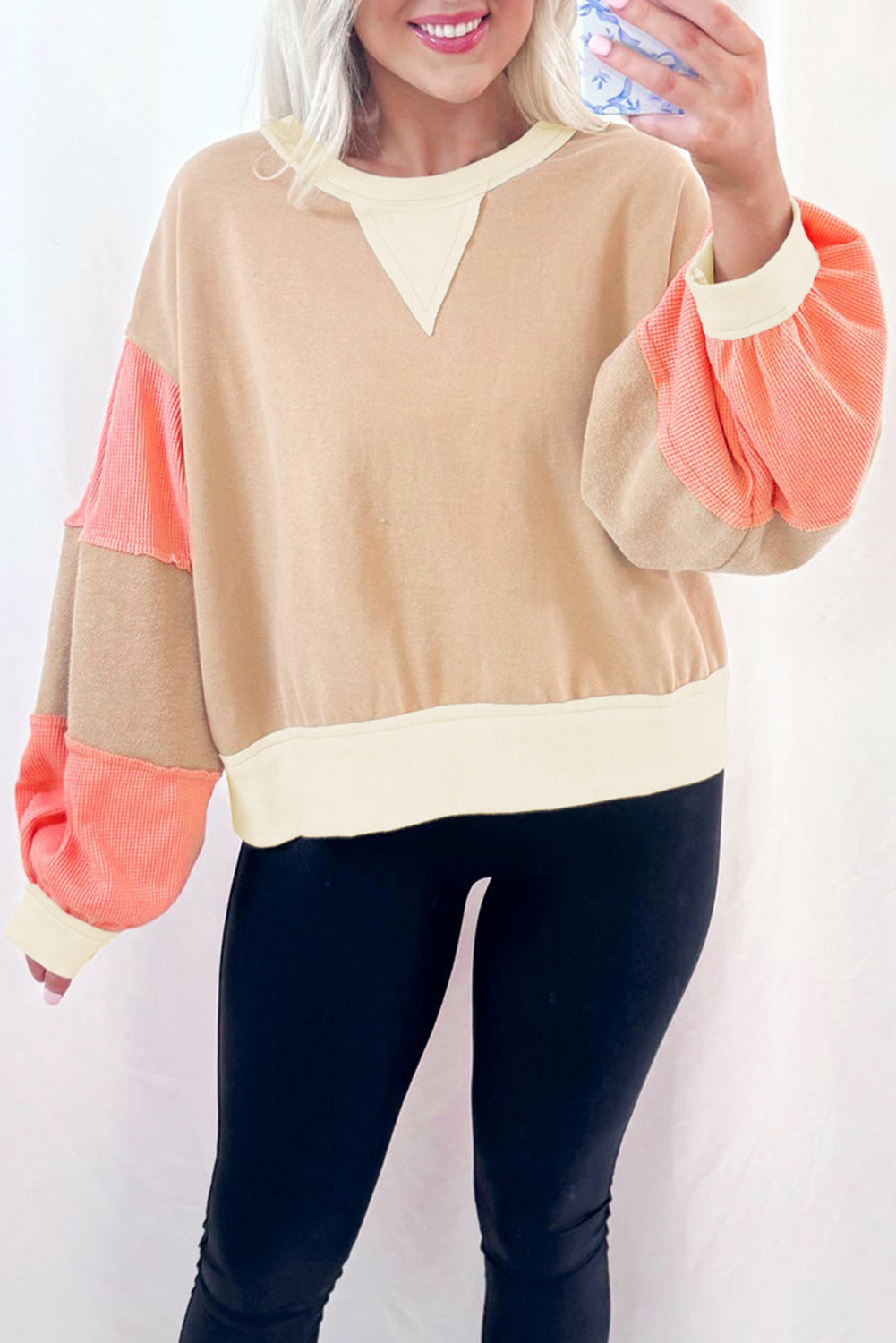 Light French Beige Color Block Textured Patchwork Pullover Sweatshirt-Tops/Sweatshirts & Hoodies-[Adult]-[Female]-Light French Beige-S-2022 Online Blue Zone Planet