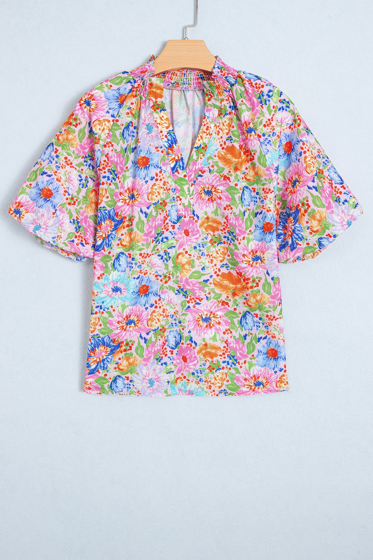 Pink Floral Print V Neck Short Sleeve Shift Blouse-Tops/Blouses & Shirts-[Adult]-[Female]-2022 Online Blue Zone Planet
