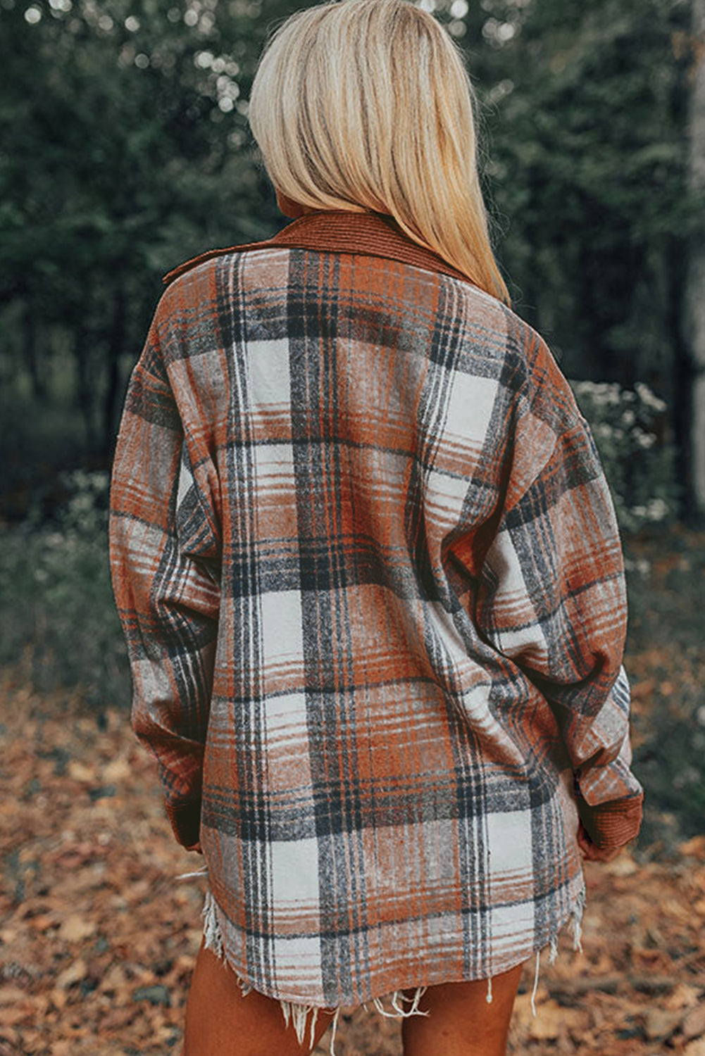 Cinnamon Plaid Corduroy Patchwork Chest Pocket Shacket-Outerwear/Plaid Shackets-[Adult]-[Female]-2022 Online Blue Zone Planet