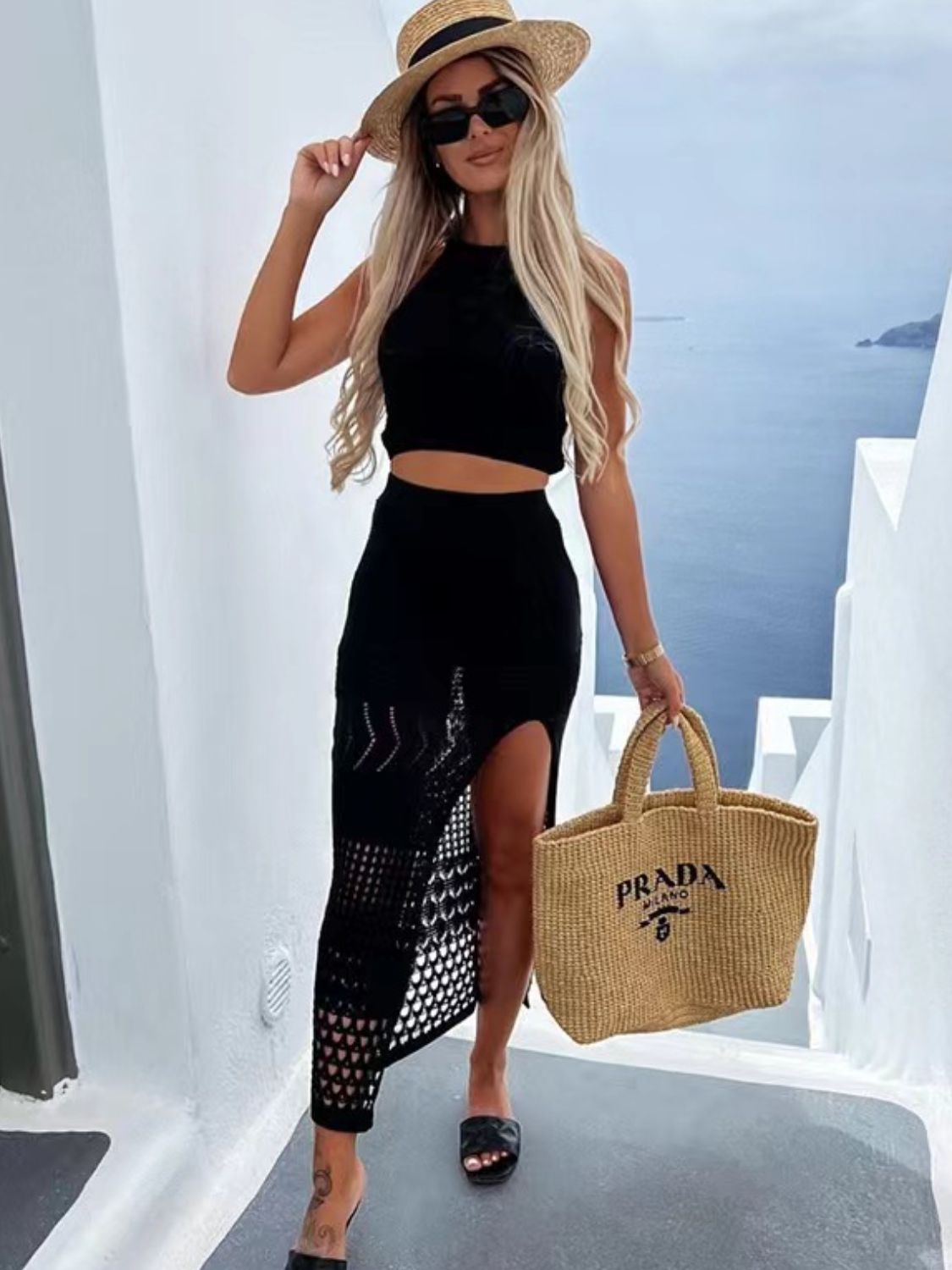 Round Neck Top and Slit Skirt Cover Up Set-BOTTOMS SIZES SMALL MEDIUM LARGE-[Adult]-[Female]-Black-S-2022 Online Blue Zone Planet