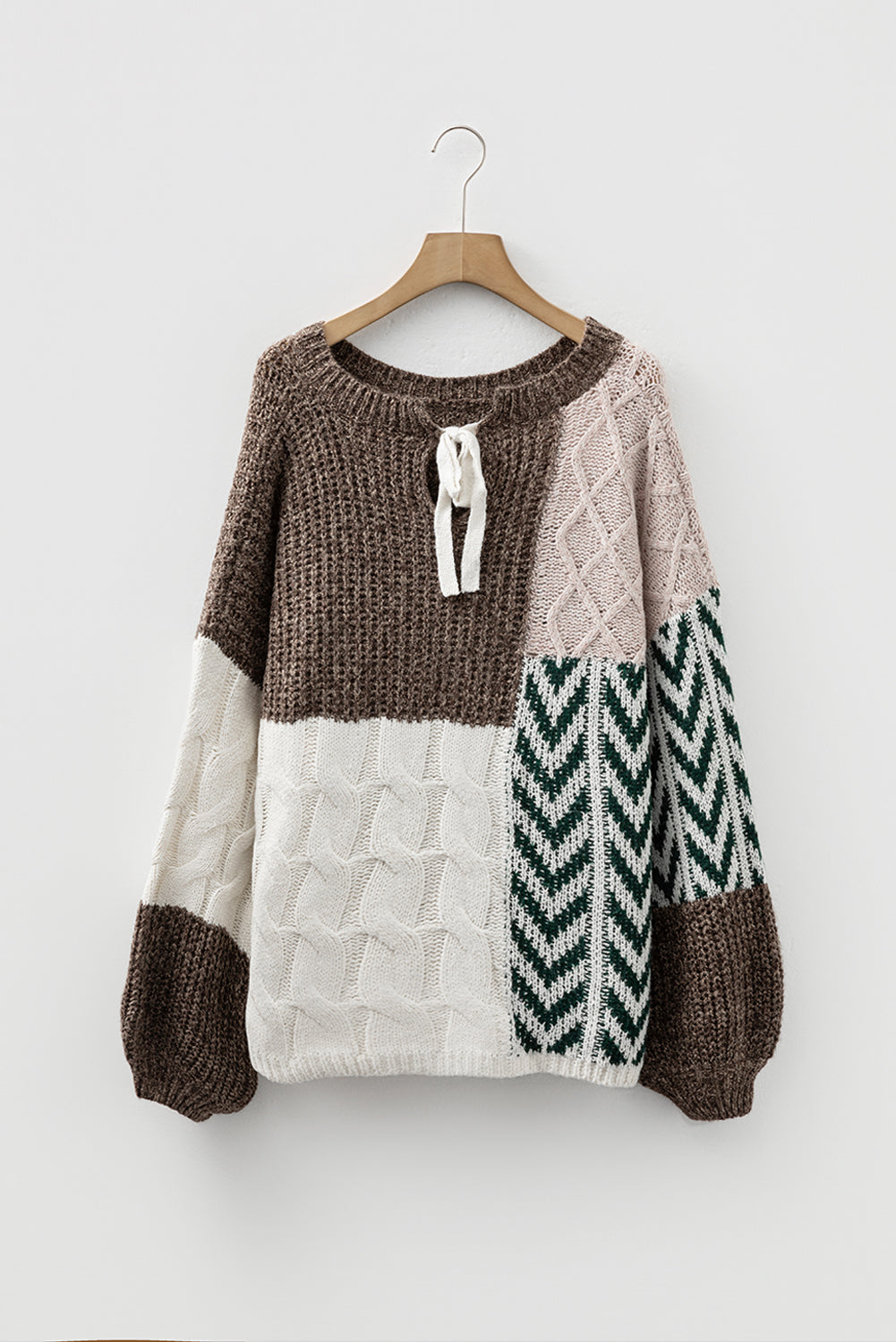 Brown Color Block Patchwork Knotted Back Loose Fit Sweater-TOPS / DRESSES-[Adult]-[Female]-2022 Online Blue Zone Planet
