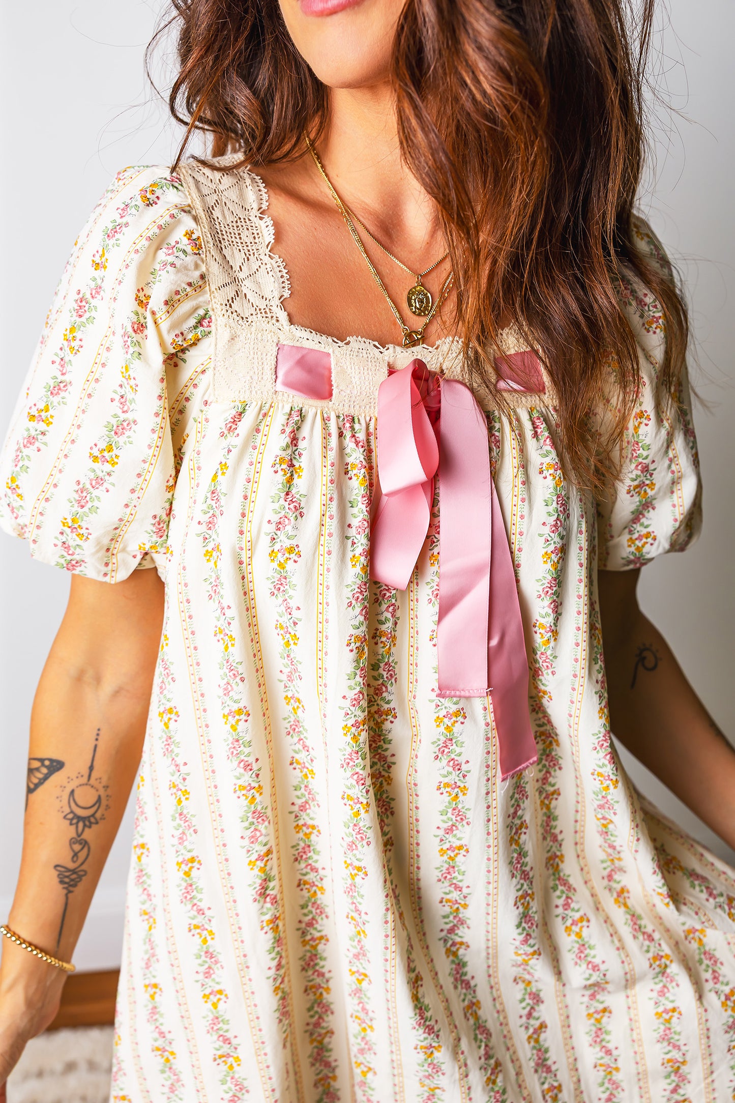 Multicolour Floral Print Contrast Ribbon Bow Lace Trim Square Neck Mini Dress-TOPS / DRESSES-[Adult]-[Female]-2022 Online Blue Zone Planet