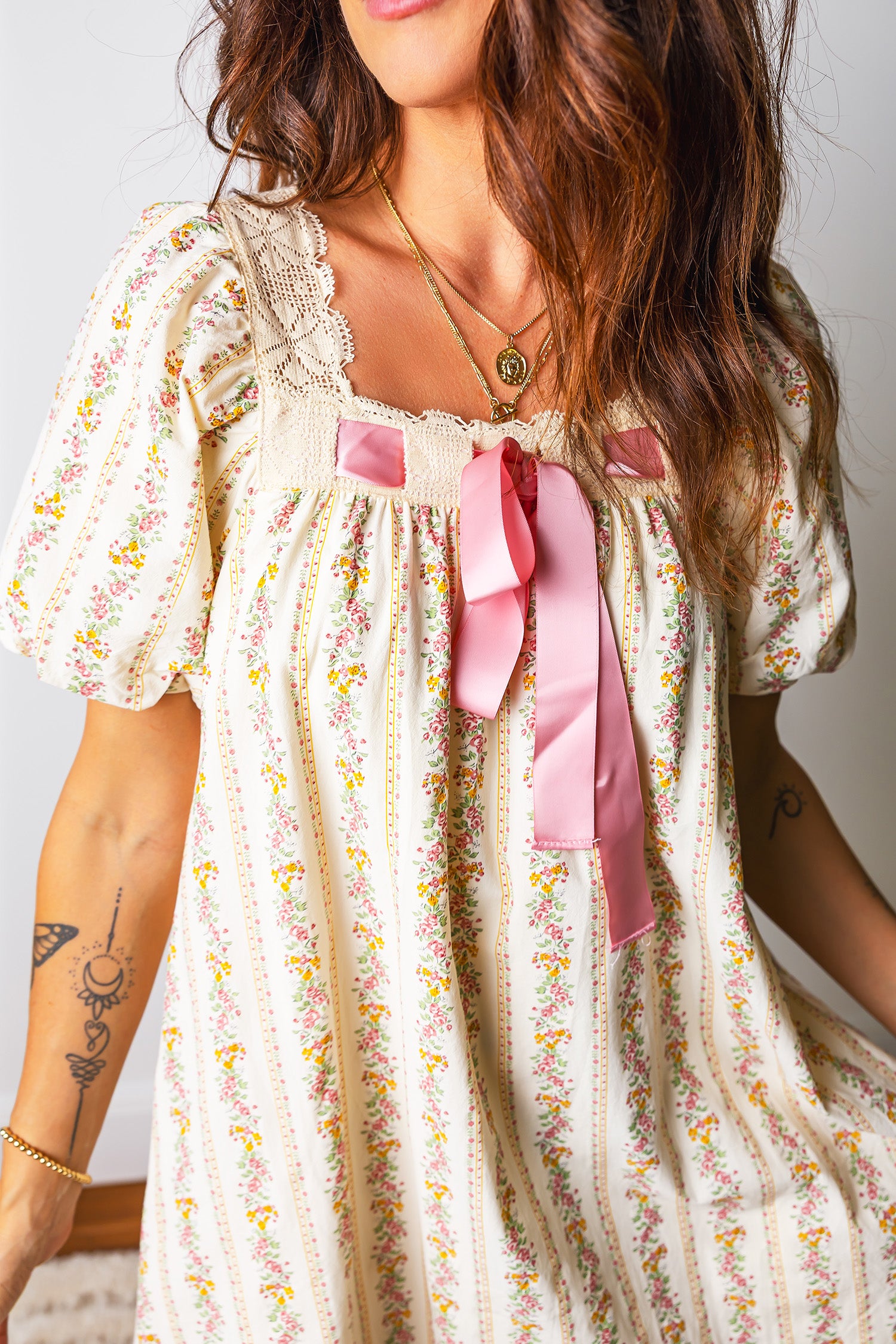 Multicolour Floral Print Contrast Ribbon Bow Lace Trim Square Neck Mini Dress-TOPS / DRESSES-[Adult]-[Female]-2022 Online Blue Zone Planet