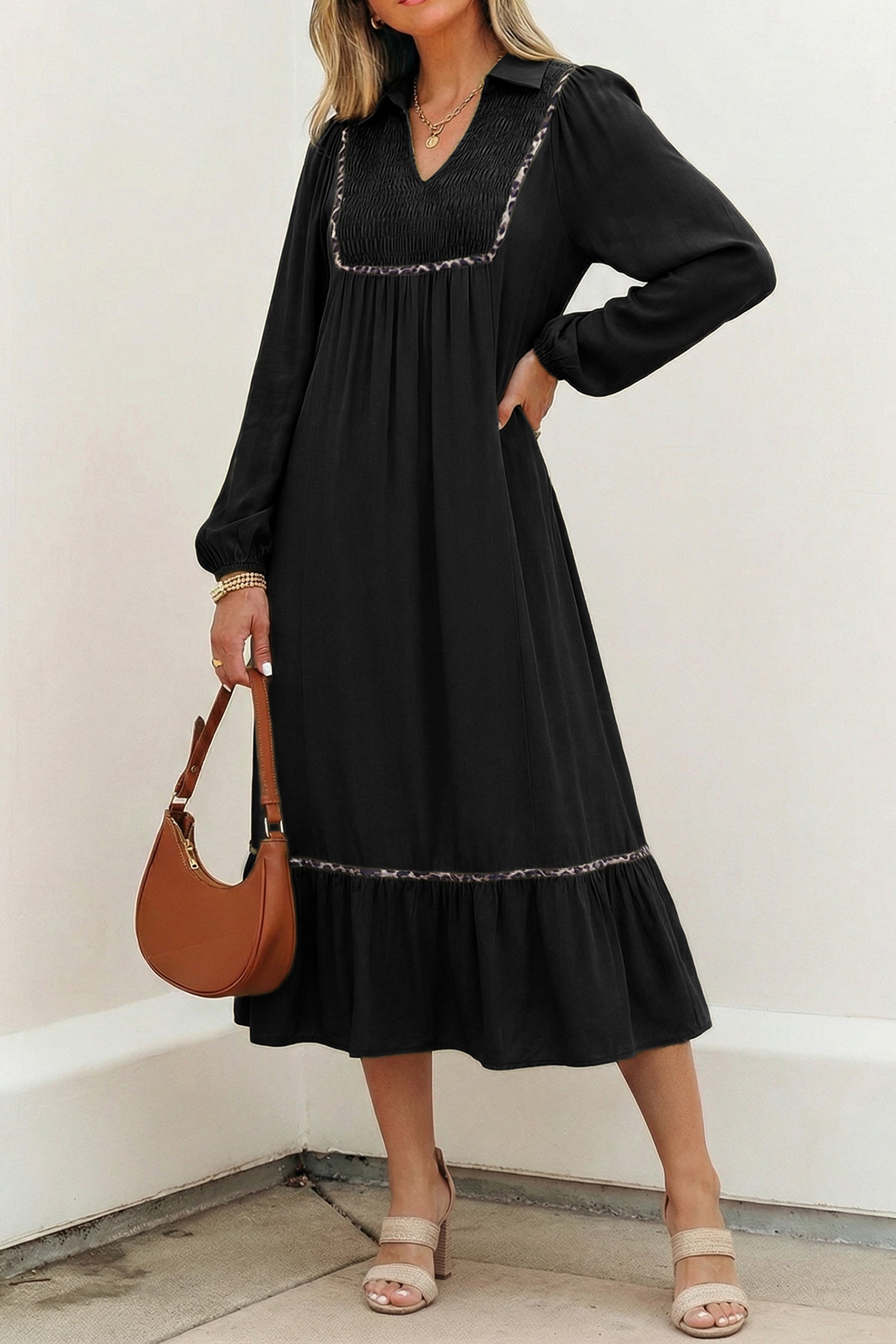 Black Collared V Neck Smocked Detail Contrast Leopard Trim Bracelet Sleeve Long Dress-TOPS / DRESSES-[Adult]-[Female]-2022 Online Blue Zone Planet