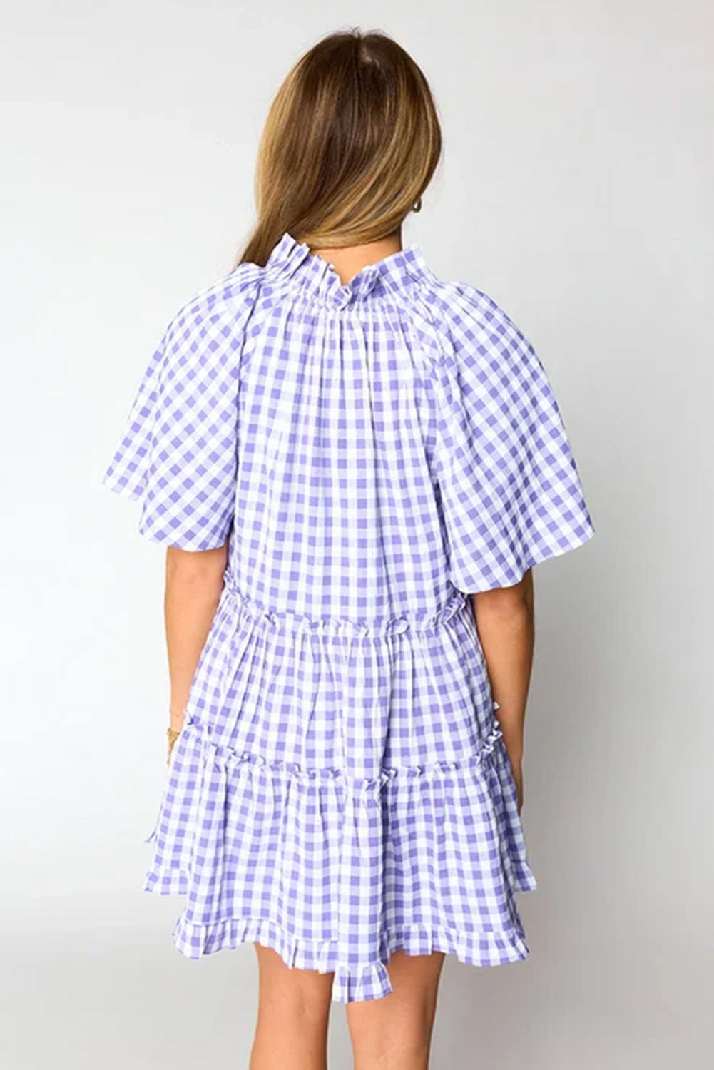 Lavendula Plaid Ruffle Wide Short Sleeve Babydoll Mini Dress-TOPS / DRESSES-[Adult]-[Female]-2022 Online Blue Zone Planet