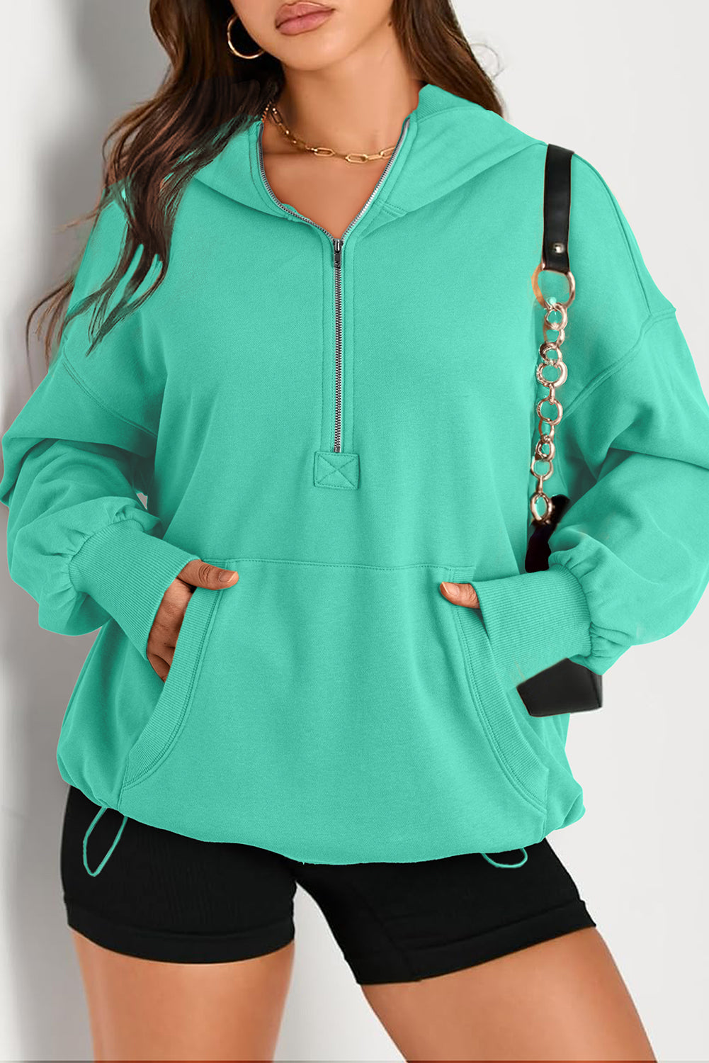 Brown Solid Kangaroo Pocket Half Zipper Oversized Hoodie-Tops/Sweatshirts & Hoodies-[Adult]-[Female]-Aruba Blue-S-2022 Online Blue Zone Planet