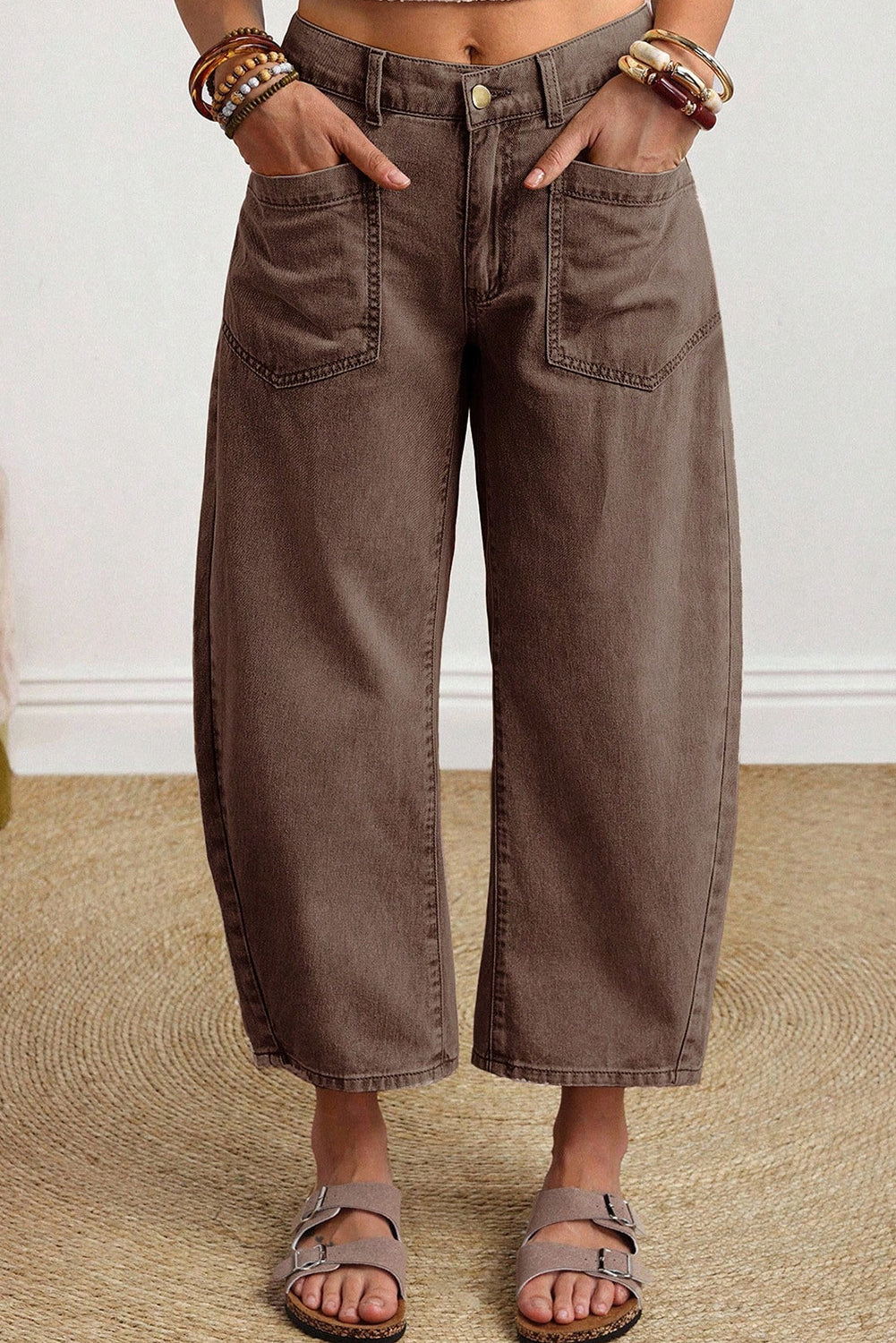 Coffee Solid Color Square Patch Pocket Ankle-length Barrel Jeans-Bottoms/Jeans-[Adult]-[Female]-2022 Online Blue Zone Planet