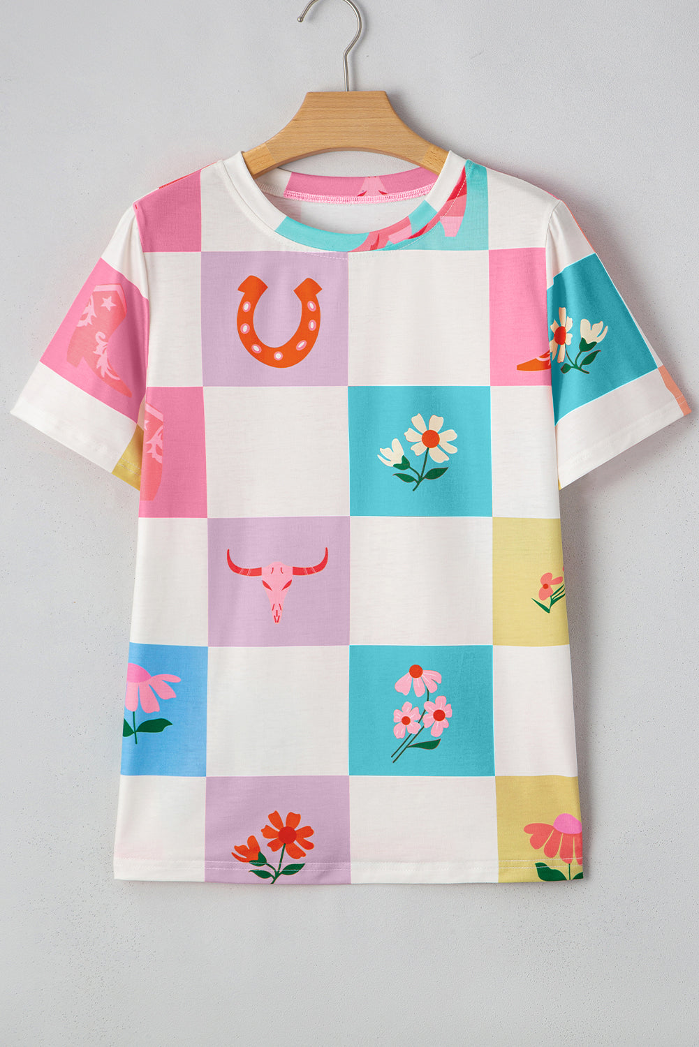 Sky Blue Western Fashion Checker Print Crewneck T Shirt-Tops/Tops & Tees-[Adult]-[Female]-2022 Online Blue Zone Planet