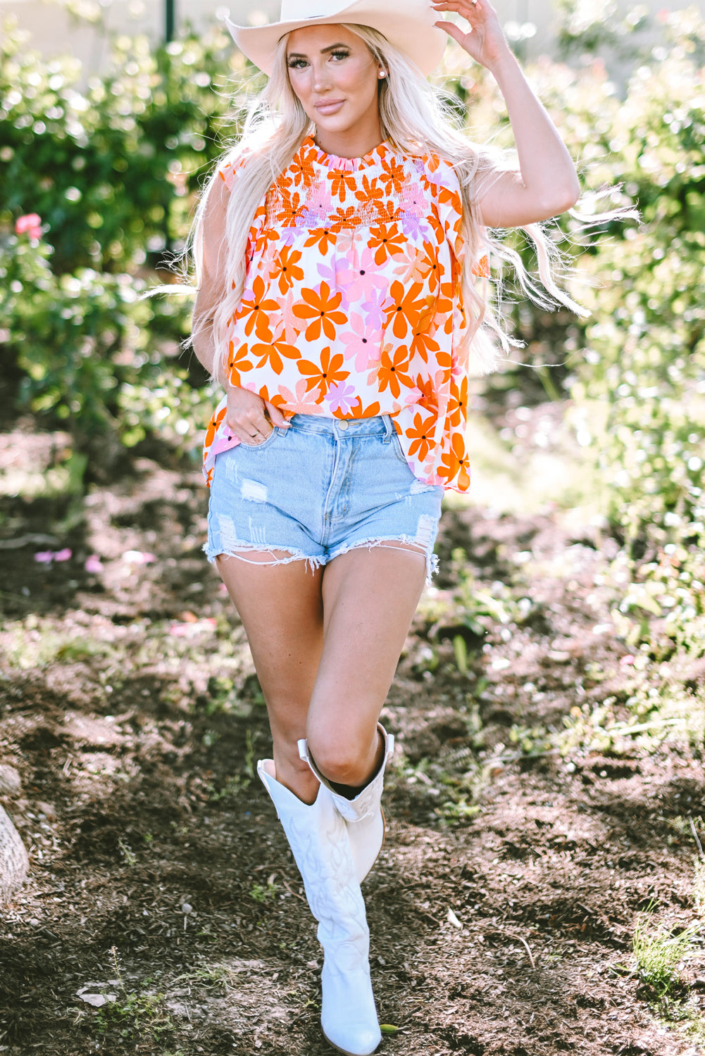 Orange Ruffled Sleeve Smocked Floral Top-Tops/Blouses & Shirts-[Adult]-[Female]-2022 Online Blue Zone Planet