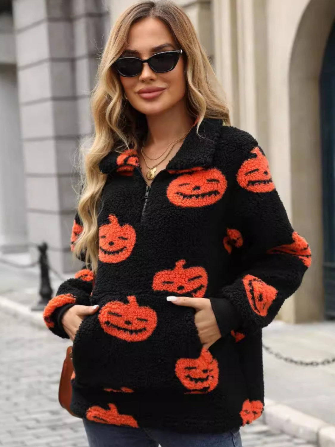 Jack-O'-Lantern Half Zip Long Sleeve Sweatshirt-TOPS / DRESSES-[Adult]-[Female]-2022 Online Blue Zone Planet