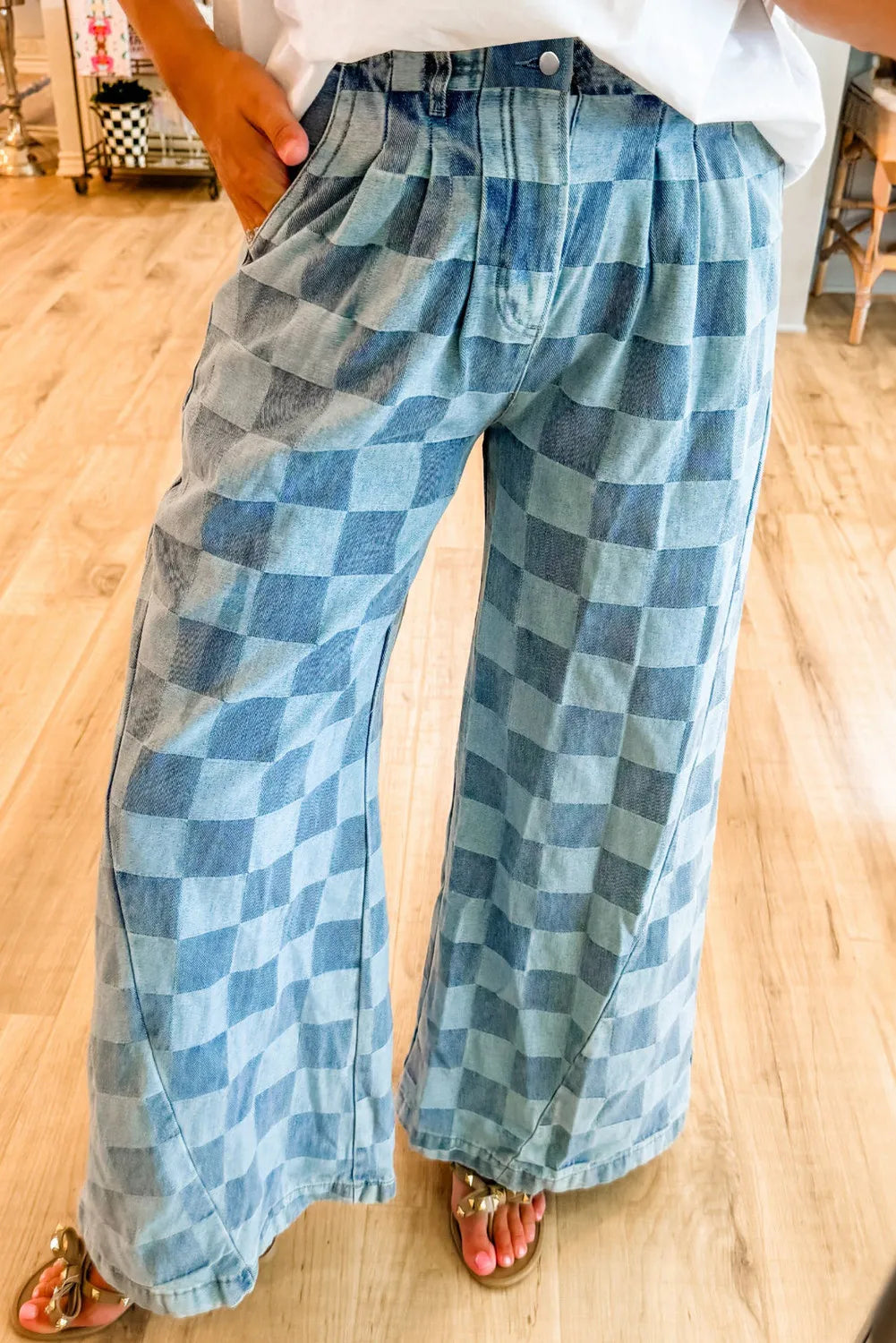 Blue Zone Planet | Checkered Wide Leg Jeans with Pockets-BOTTOMS SIZES SMALL MEDIUM LARGE-[Adult]-[Female]-Dusty Blue-4-2022 Online Blue Zone Planet