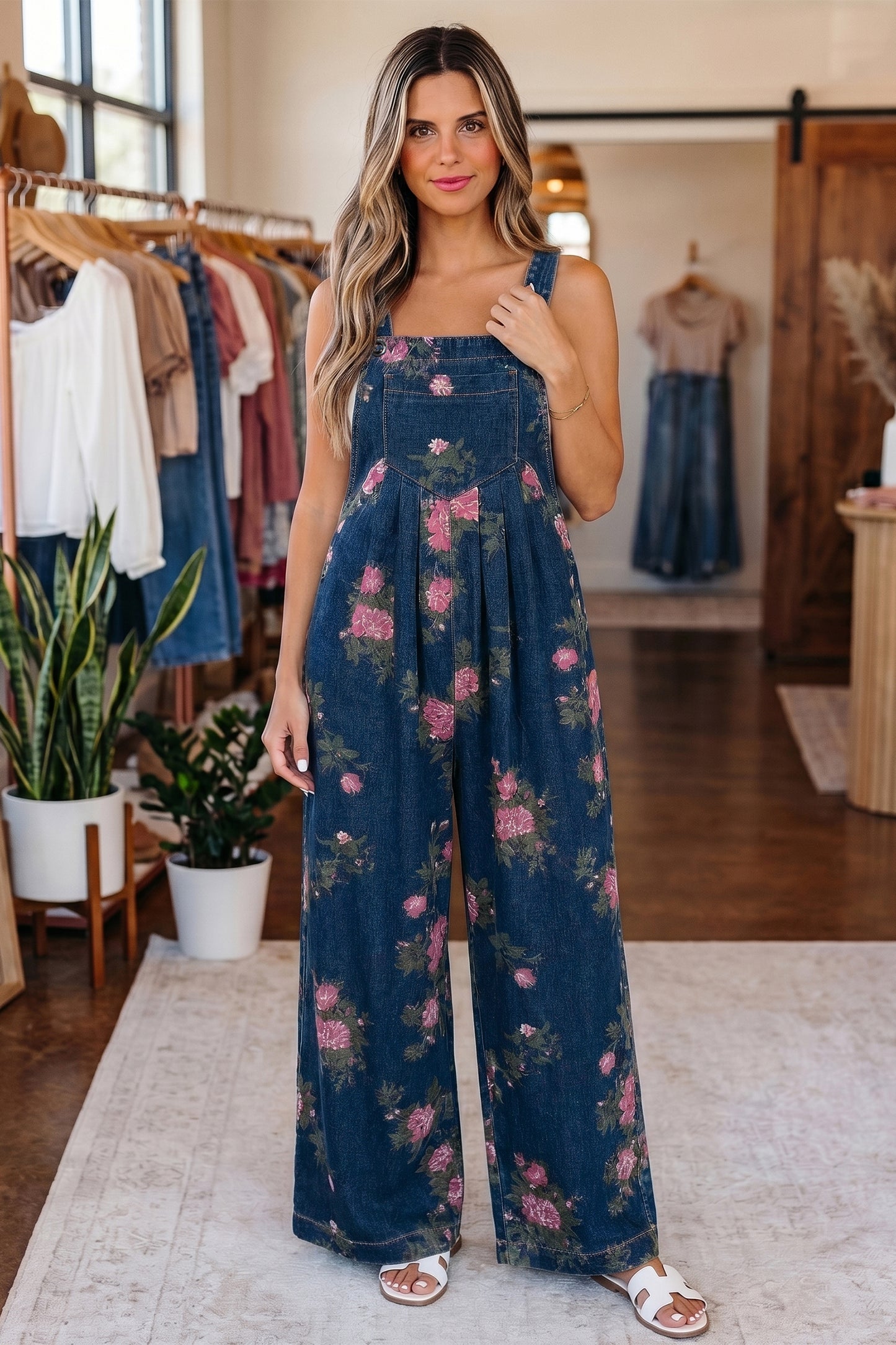 Blue Beau Floral Print Pleated High Waist Wide Leg Denim Jumpsuit-Bottoms/Jumpsuits & Rompers-[Adult]-[Female]-Blue-S-2022 Online Blue Zone Planet