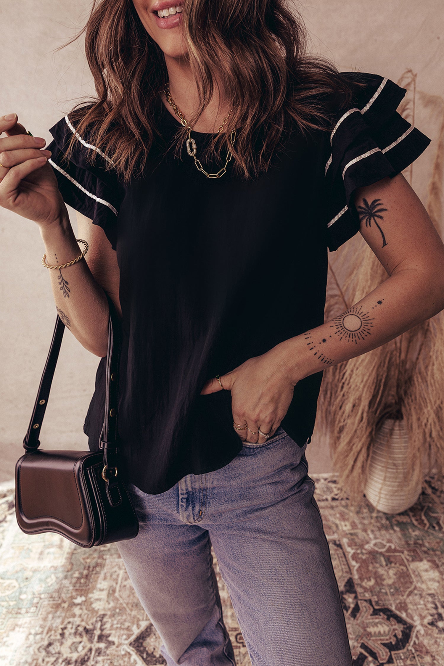 Black Contrast Trim Dual Ruffle Short Sleeve Textured Blouse-Tops/Blouses & Shirts-[Adult]-[Female]-2022 Online Blue Zone Planet