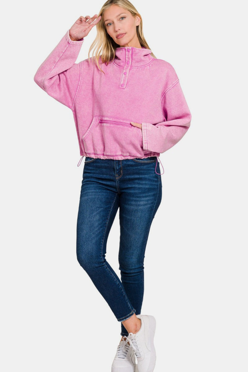 Zenana Acid Wash Fleece Half Snap Sweatshirt with Pocket-TOPS / DRESSES-[Adult]-[Female]-2022 Online Blue Zone Planet