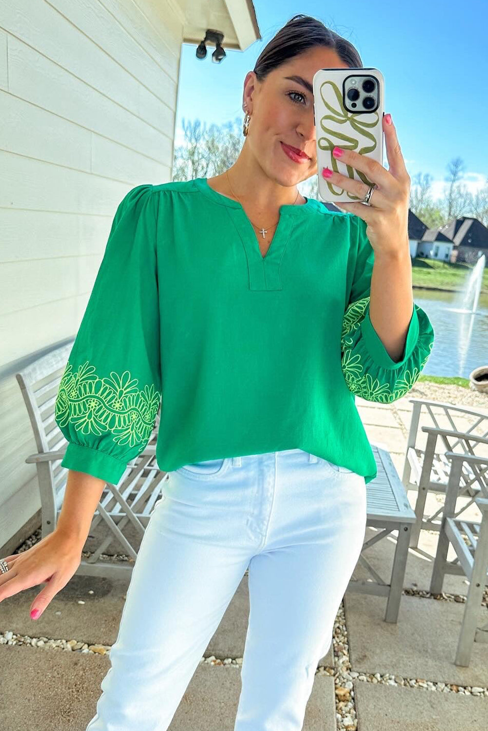 Green Contrast Floral Embroidered 3/4 Sleeve Notched V Neck Elegant Blouse-Tops/Blouses & Shirts-[Adult]-[Female]-2022 Online Blue Zone Planet