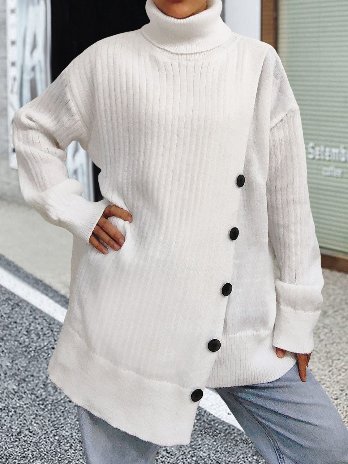 Turtleneck Dropped Shoulder Long Sleeve Sweater-TOPS / DRESSES-[Adult]-[Female]-White-One Size-2022 Online Blue Zone Planet