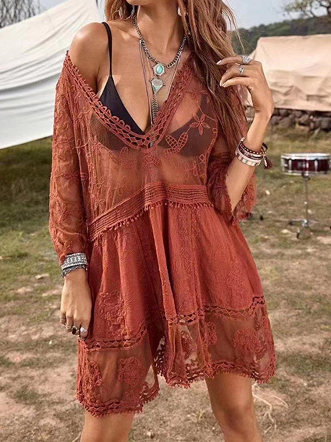 Lace Detail Plunge Cover-Up Dress-TOPS / DRESSES-[Adult]-[Female]-Rust-One Size-2022 Online Blue Zone Planet