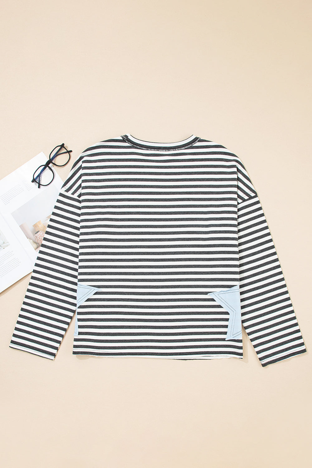 Gray Stripe Starry Patch Drop Shoulder Raw Edge Casual Knit Top-Tops/Sweatshirts & Hoodies-[Adult]-[Female]-2022 Online Blue Zone Planet