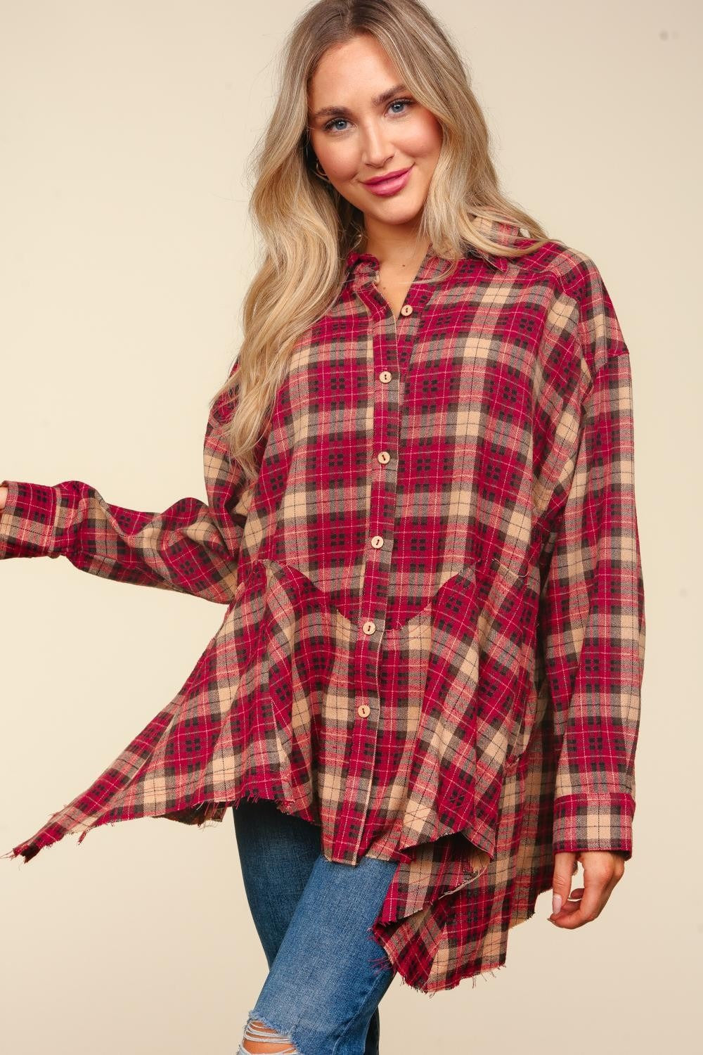 Haptics Plaid Button Down Sharkbite Shirt-TOPS / DRESSES-[Adult]-[Female]-2022 Online Blue Zone Planet