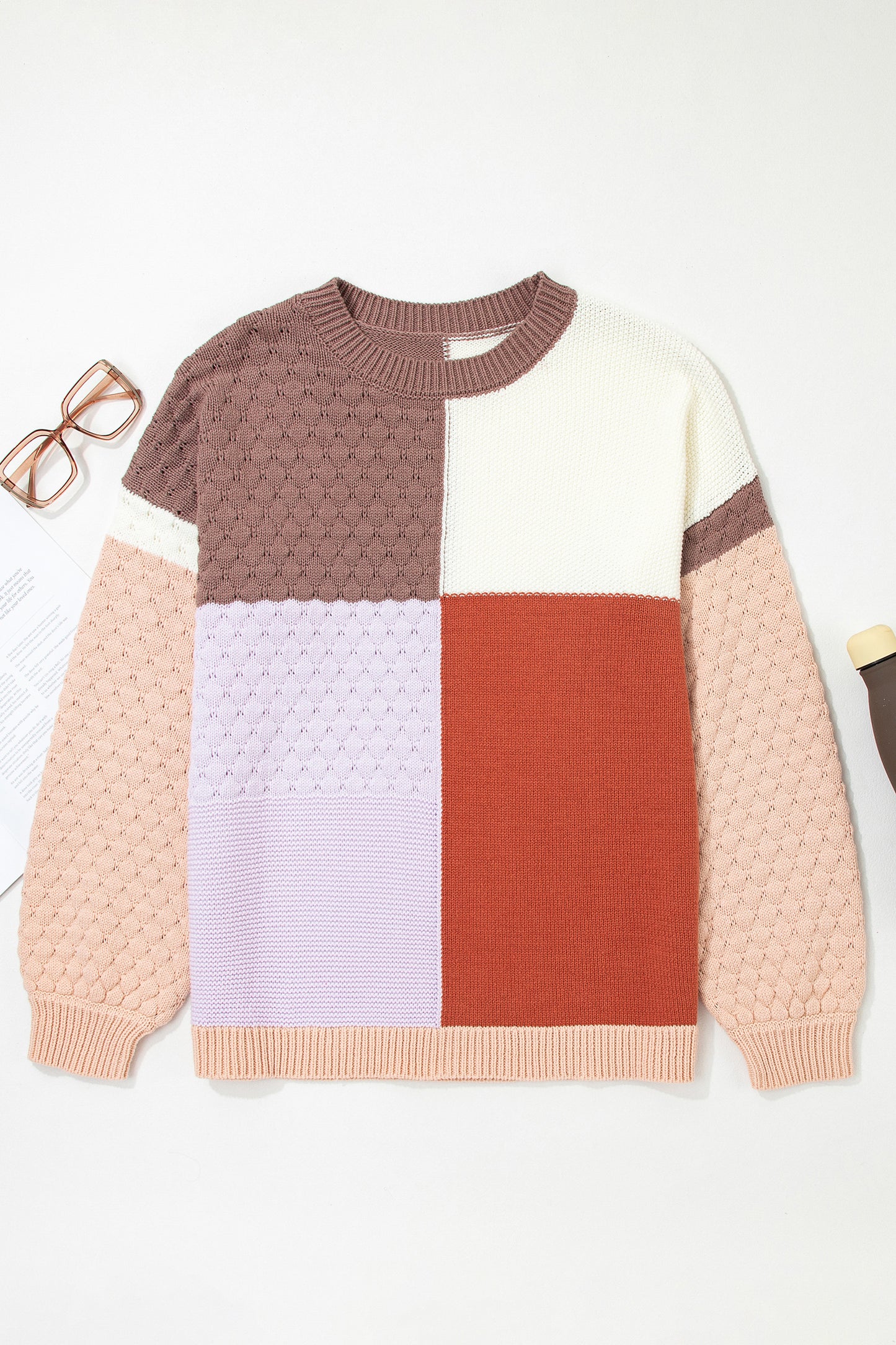 Coffee Mix Texture Colorblock Knit Baggy Sweater-TOPS / DRESSES-[Adult]-[Female]-2022 Online Blue Zone Planet