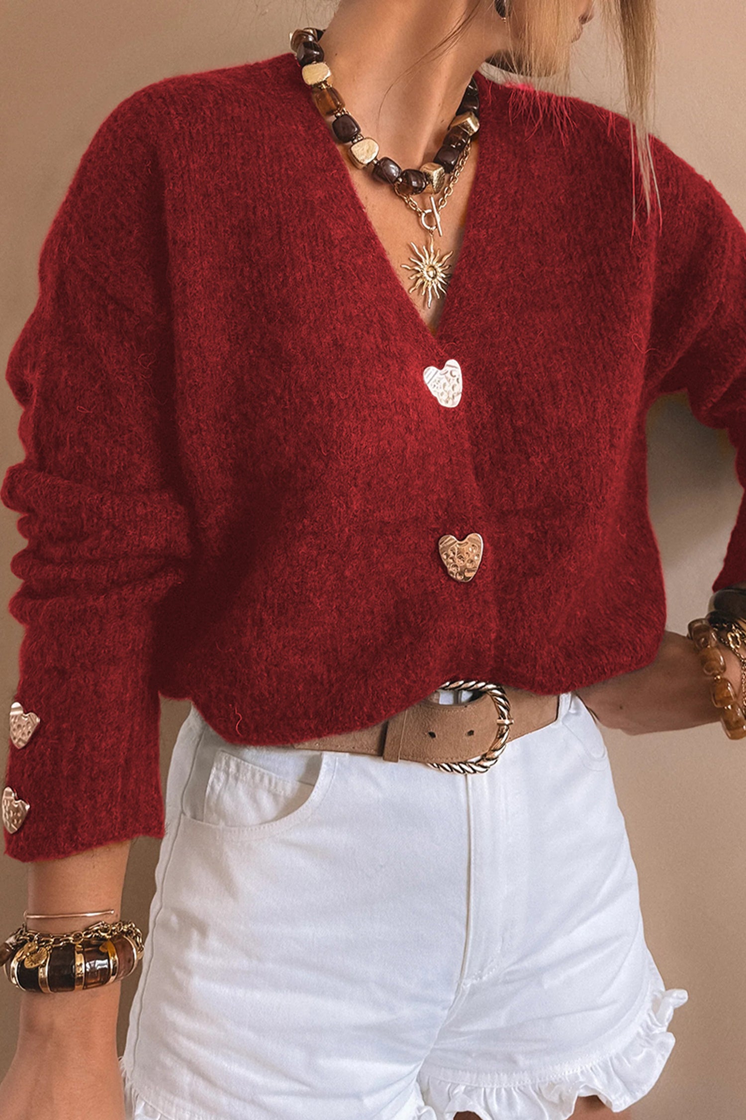 Fiery Red Heart Metal Button V Neck Cardigan Sweater-TOPS / DRESSES-[Adult]-[Female]-2022 Online Blue Zone Planet