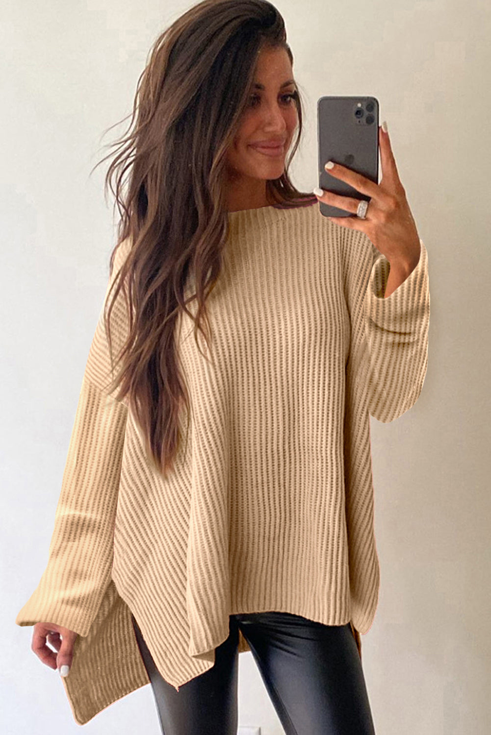 Apricot Cable Knit Drop Shoulder Side Slits Loose Sweater-Sweaters & Cardigans/Sweaters-[Adult]-[Female]-2022 Online Blue Zone Planet