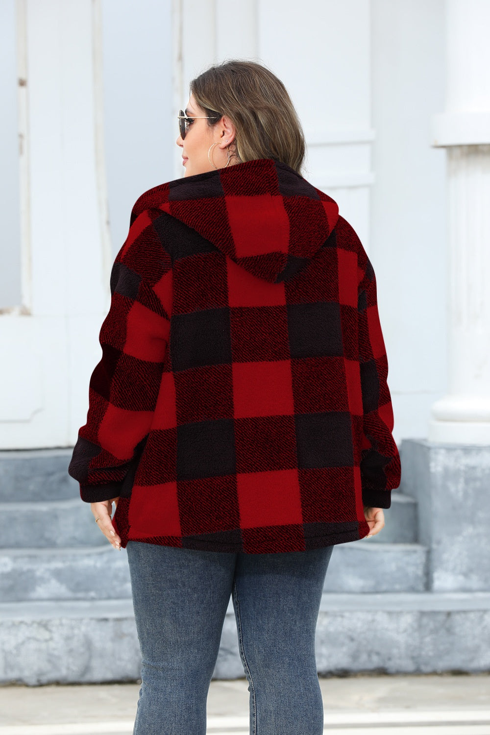 Plus Size Plaid Button Up Hooded Jacket-TOPS / DRESSES-[Adult]-[Female]-2022 Online Blue Zone Planet