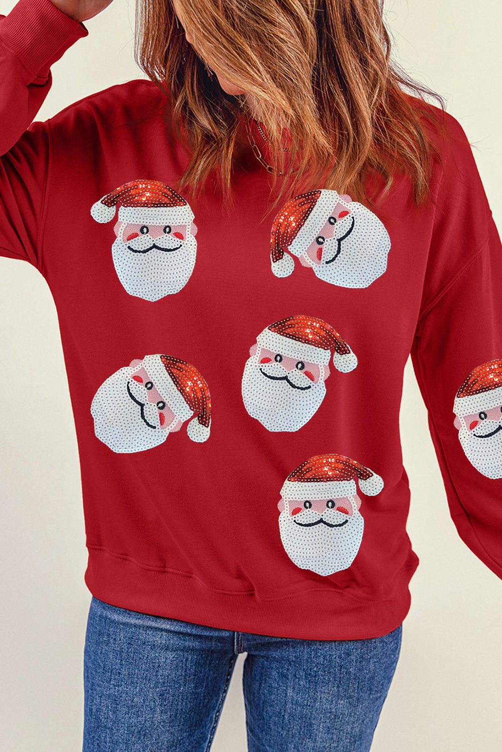 Red Sequins Santa Claus Graphic Christmas Sweatshirt-Graphic Sweatshirts-[Adult]-[Female]-2022 Online Blue Zone Planet