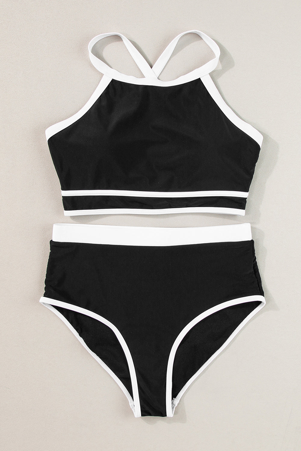 Black Contrast Trim Crisscross Back High Waisted Bikini Blue Zone Planet