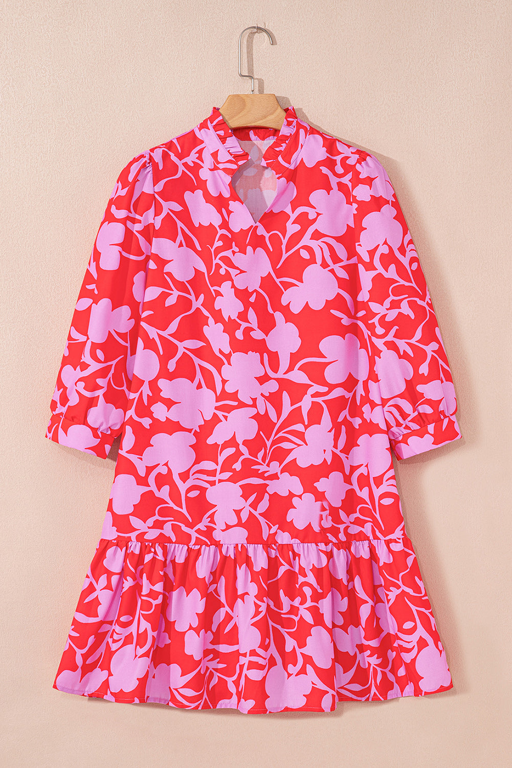 Red Floral Three Quarter Sleeves Ruffle Hem Mini Dress-TOPS / DRESSES-[Adult]-[Female]-2022 Online Blue Zone Planet