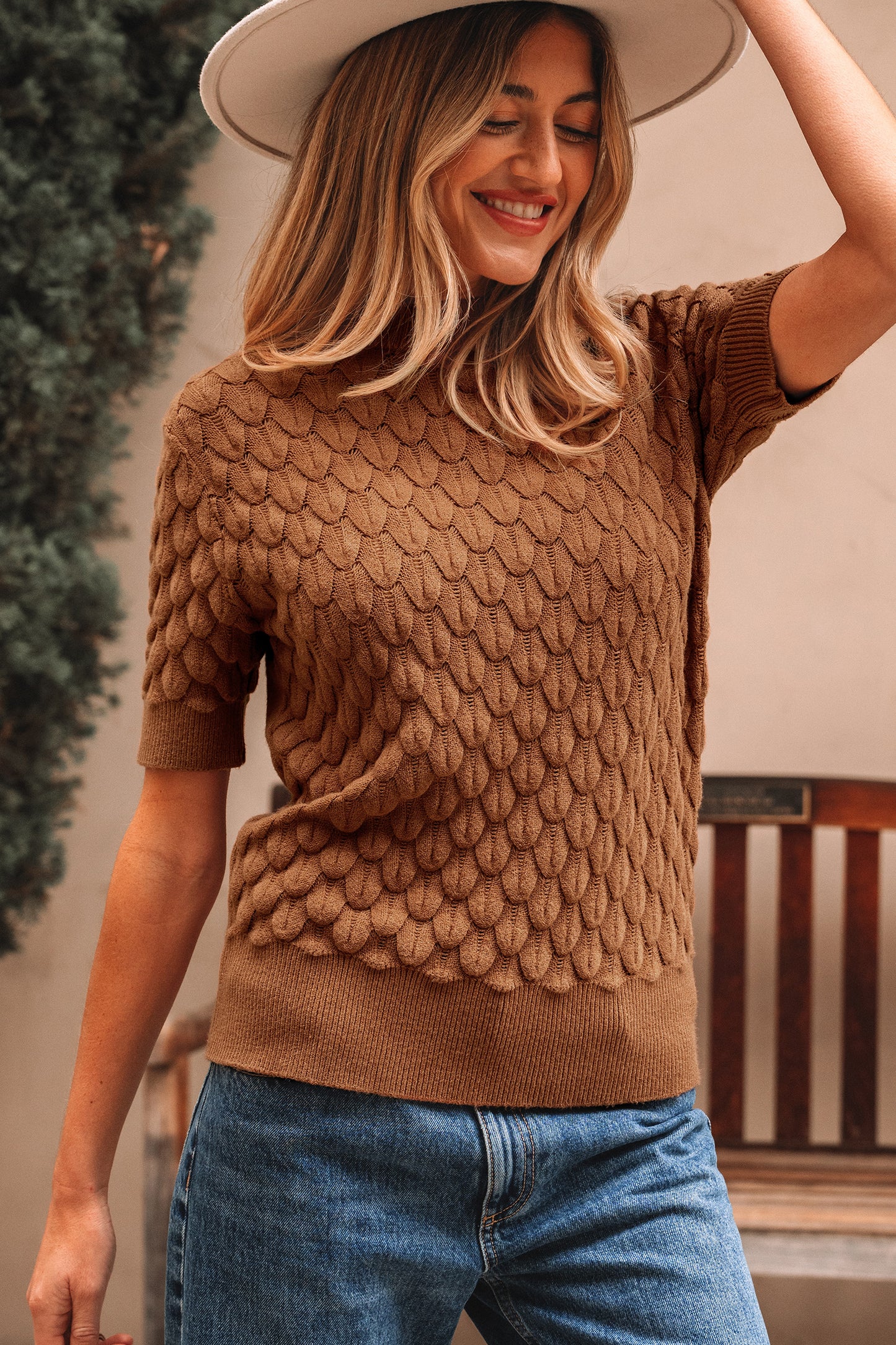 Straw Yellow Fish Scale Textured Knit Ribbed High Neck Short Sleeve Sweater-Sweaters & Cardigans/Short Sleeve Sweaters-[Adult]-[Female]-2022 Online Blue Zone Planet