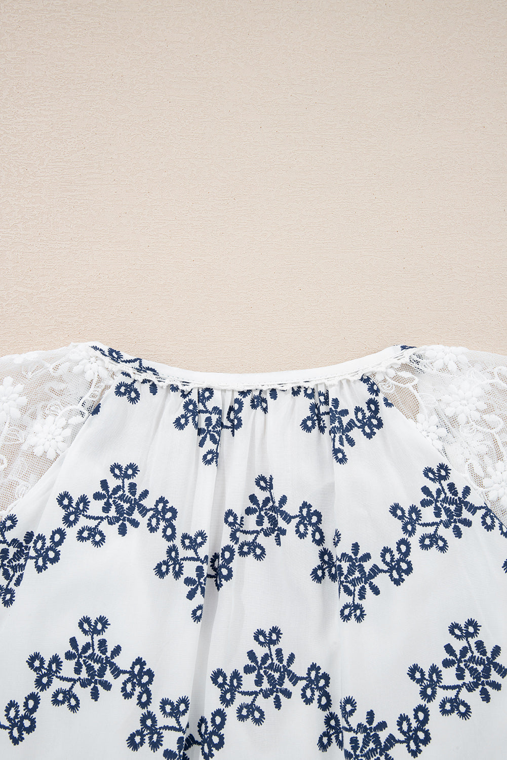 Blue Lace Patchwork Floral Bubble Sleeve V Split Neck Blouse-Tops/Blouses & Shirts-[Adult]-[Female]-2022 Online Blue Zone Planet