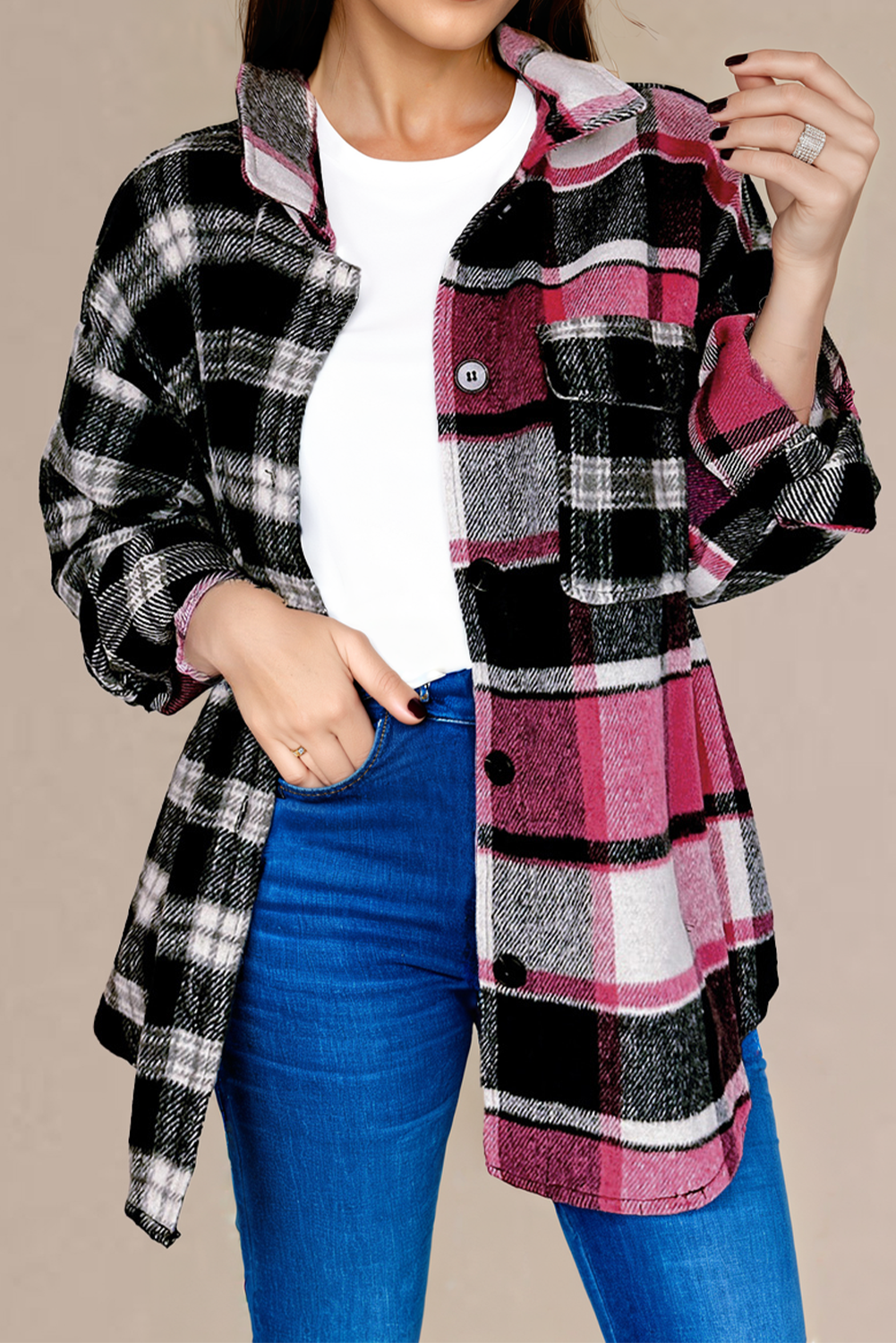 Blue Zone Planet | Black Plaid Colorblock Loose Shacket-Outerwear/Plaid Shackets-[Adult]-[Female]-2022 Online Blue Zone Planet