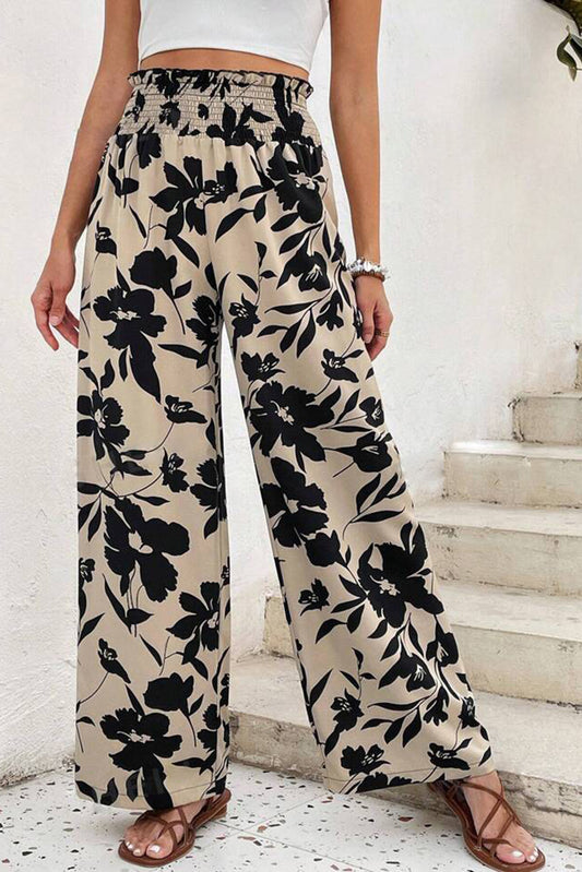 Khaki Floral Print Smocked High Waist Wide Leg Pants-Bottoms/Pants & Culotte-[Adult]-[Female]-Khaki-S-2022 Online Blue Zone Planet