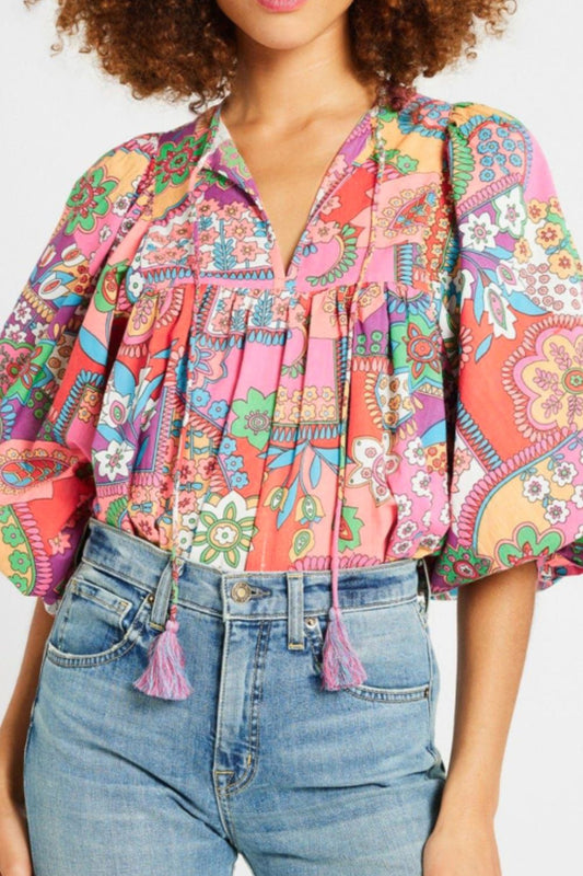 Printed Tie Neck Three-Quarter Sleeve Blouse-TOPS / DRESSES-[Adult]-[Female]-Floral-S-2022 Online Blue Zone Planet