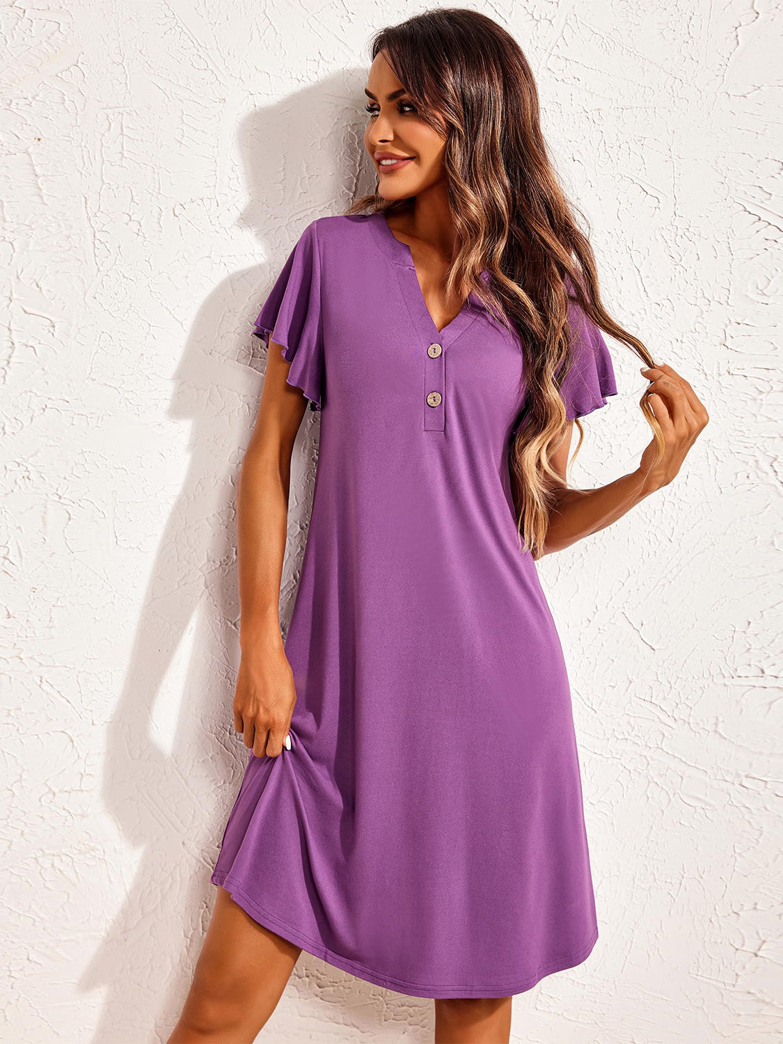 Notched Short Sleeve Lounge Dress-TOPS / DRESSES-[Adult]-[Female]-Mauve-S-2022 Online Blue Zone Planet