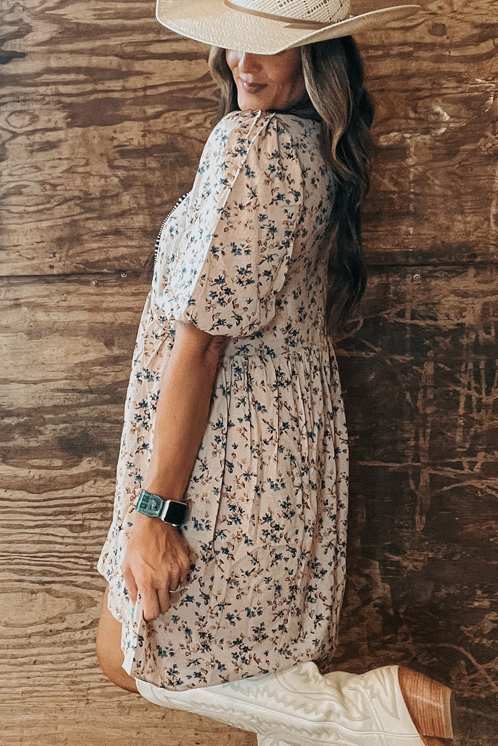 Beige Floral Puff Short Sleeve Empire Waist Mini Dress-TOPS / DRESSES-[Adult]-[Female]-2022 Online Blue Zone Planet