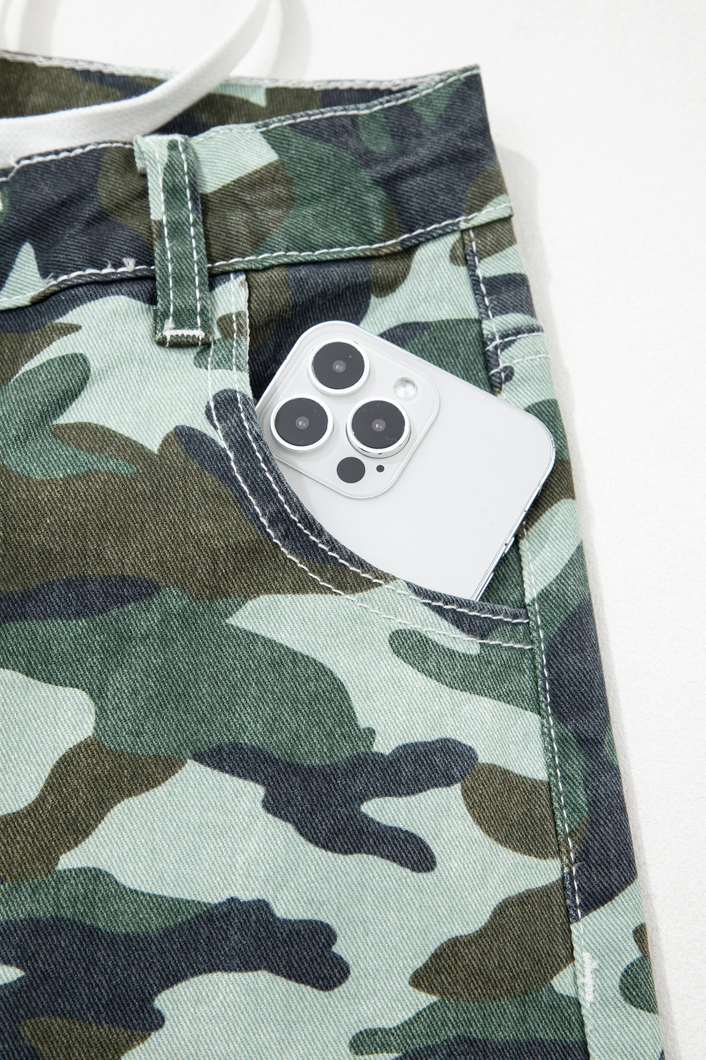 Green Camouflage Print Wide Leg Drawstring Denim Pants-Bottoms/Jeans-[Adult]-[Female]-2022 Online Blue Zone Planet