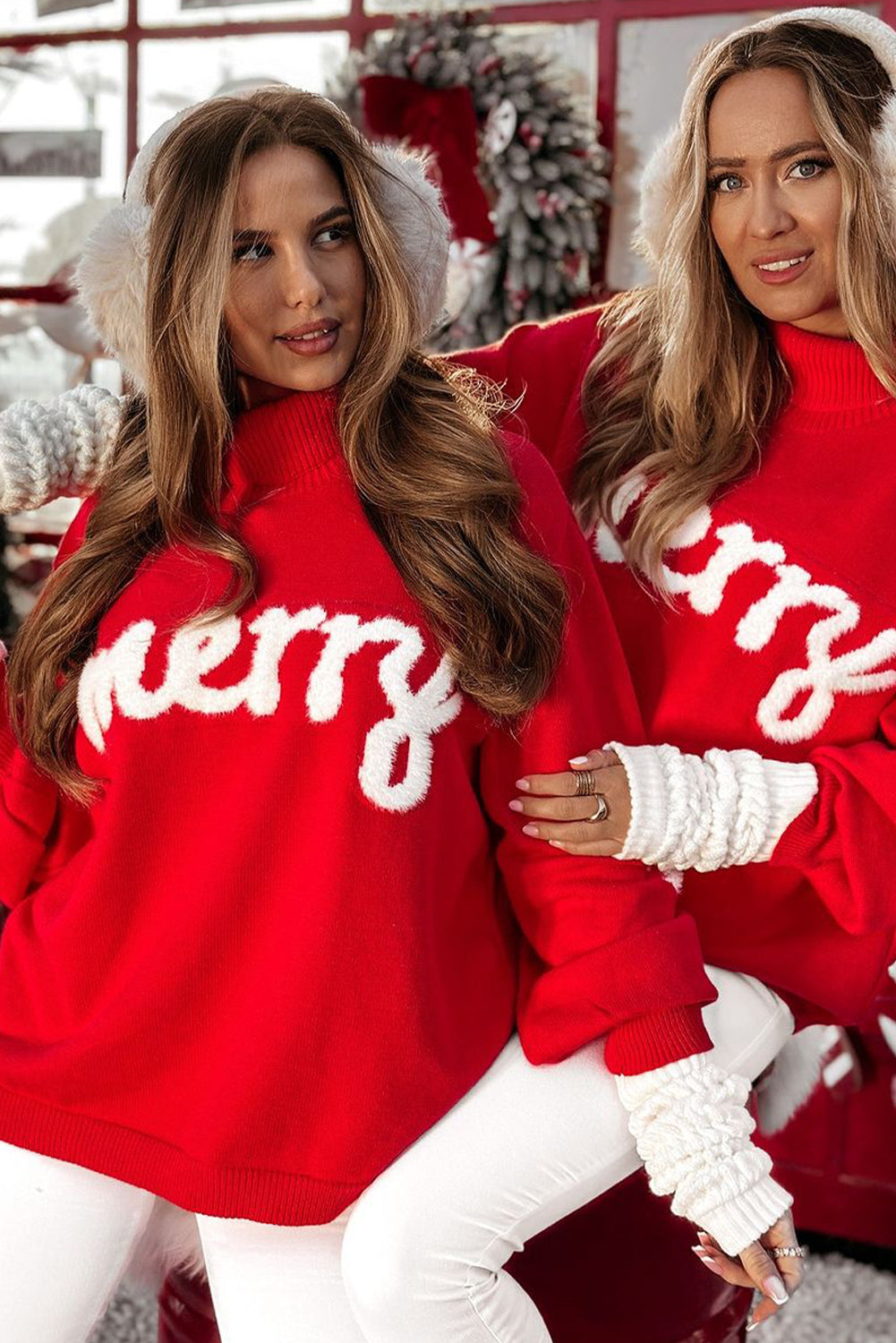 Fiery Red Merry Snowflake Pattern Christmas Turtleneck Sweater-Sweaters & Cardigans/Sweaters-[Adult]-[Female]-2022 Online Blue Zone Planet