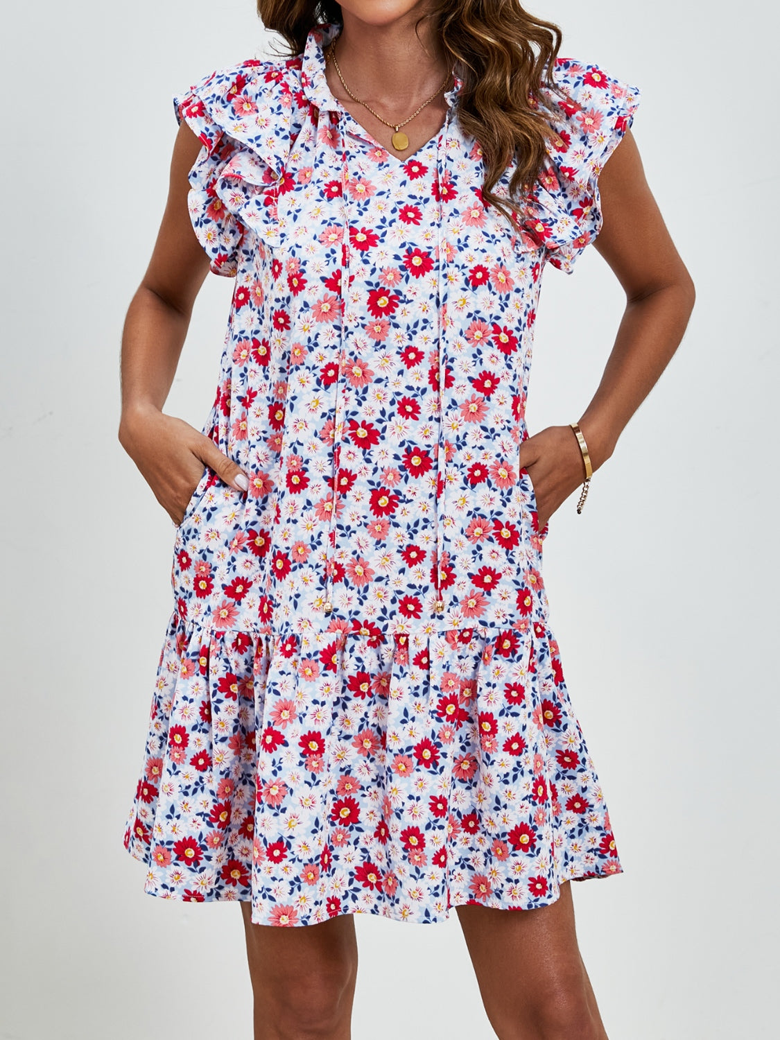 Tied Floral Cap Sleeve Mini Dress-TOPS / DRESSES-[Adult]-[Female]-2022 Online Blue Zone Planet