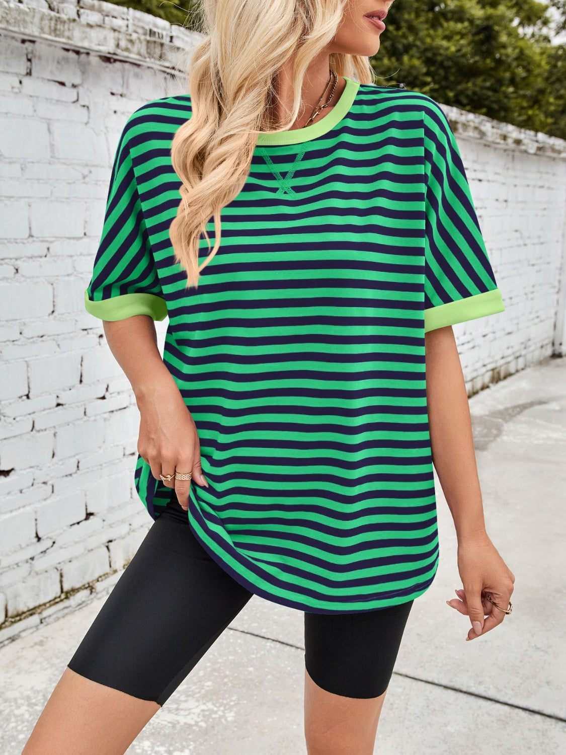 Lovelet Striped Round Neck Half Sleeve T-Shirt-TOPS / DRESSES-[Adult]-[Female]-2022 Online Blue Zone Planet