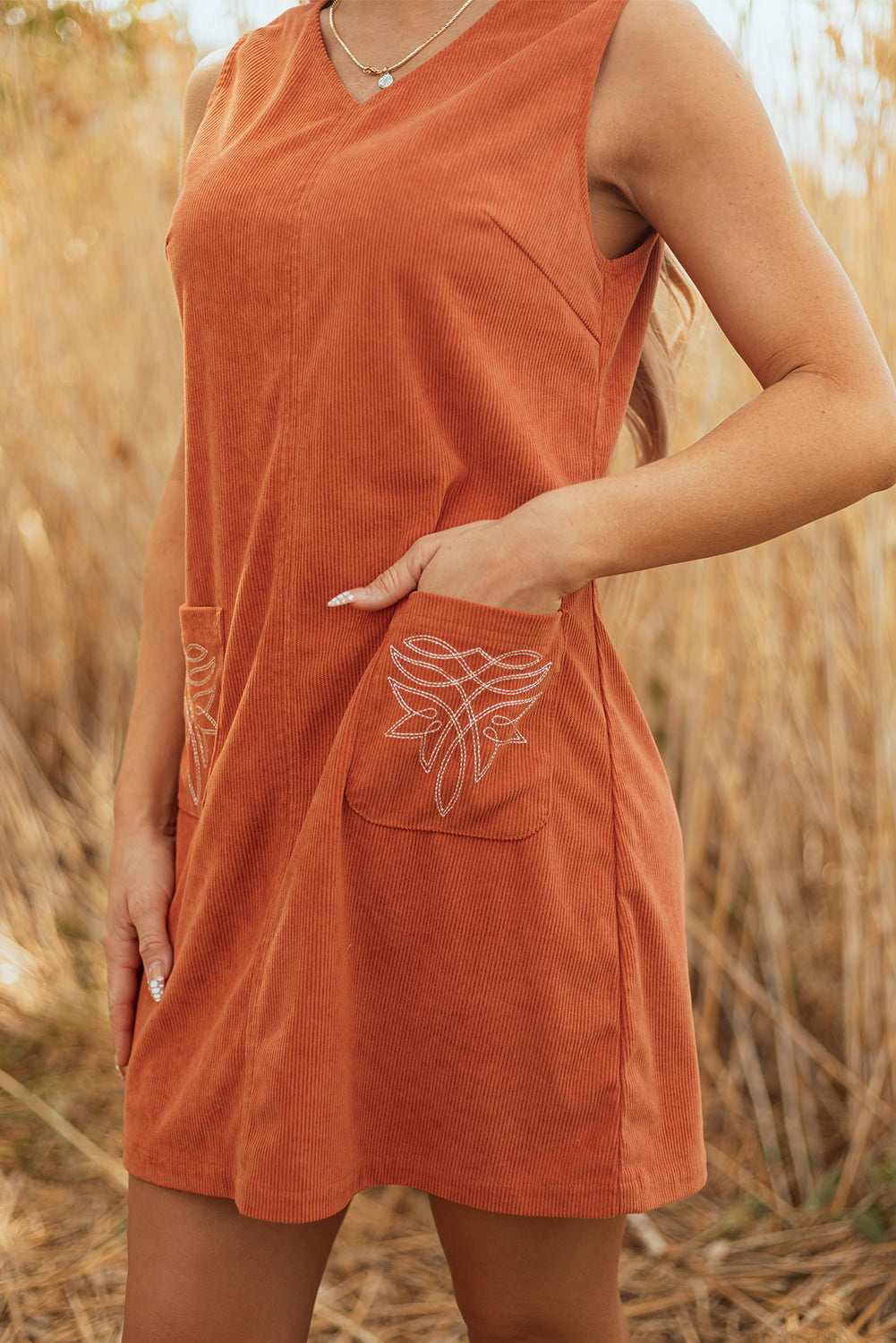 Gold Flame Corduroy Western Embroidered Patched Pocket Shift Sleeveless Mini Dress-Dresses/Mini Dresses-[Adult]-[Female]-2022 Online Blue Zone Planet