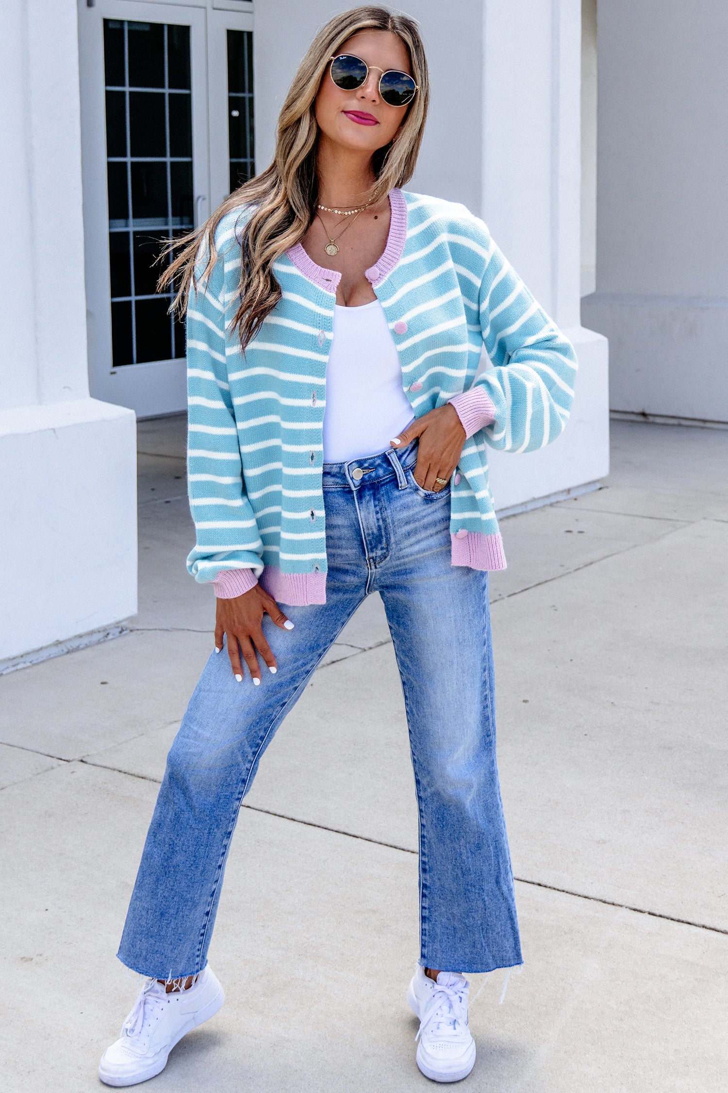 Sky Blue Stripe Contrast Trim Button Down Casual Sweater Cardigan-TOPS / DRESSES-[Adult]-[Female]-2022 Online Blue Zone Planet