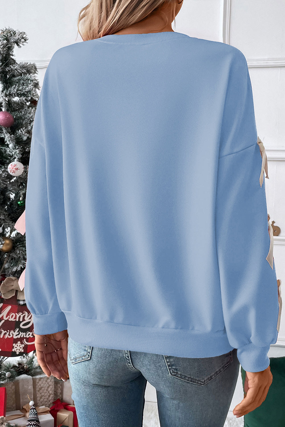 Myosotis Contrast Bow Decor Dropped Sleeve Crewneck Sweatshirt-Tops/Sweatshirts & Hoodies-[Adult]-[Female]-2022 Online Blue Zone Planet