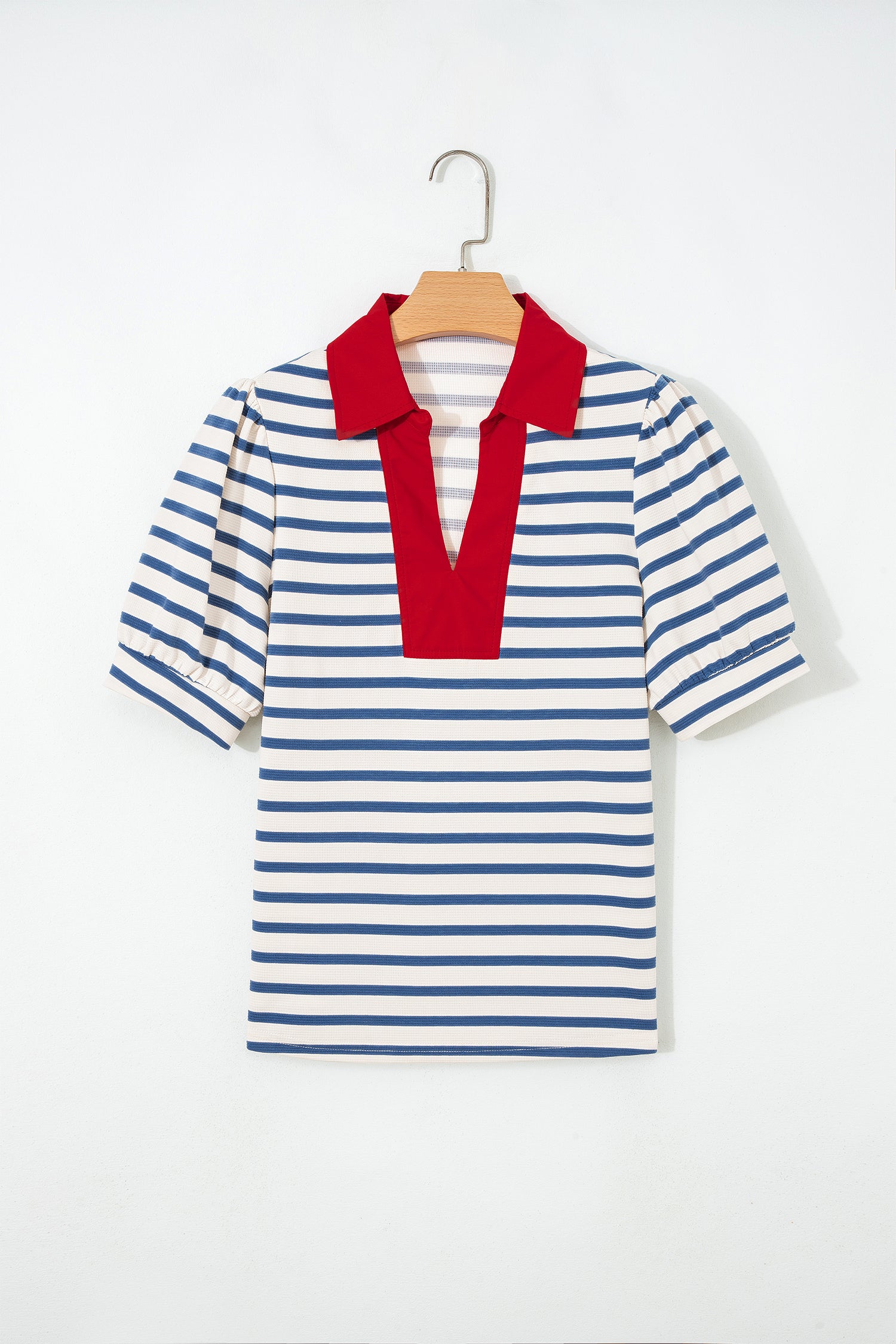 Blue Stripe Short Puff Sleeve Color Block Polo Collar Blouse-Tops/Blouses & Shirts-[Adult]-[Female]-2022 Online Blue Zone Planet