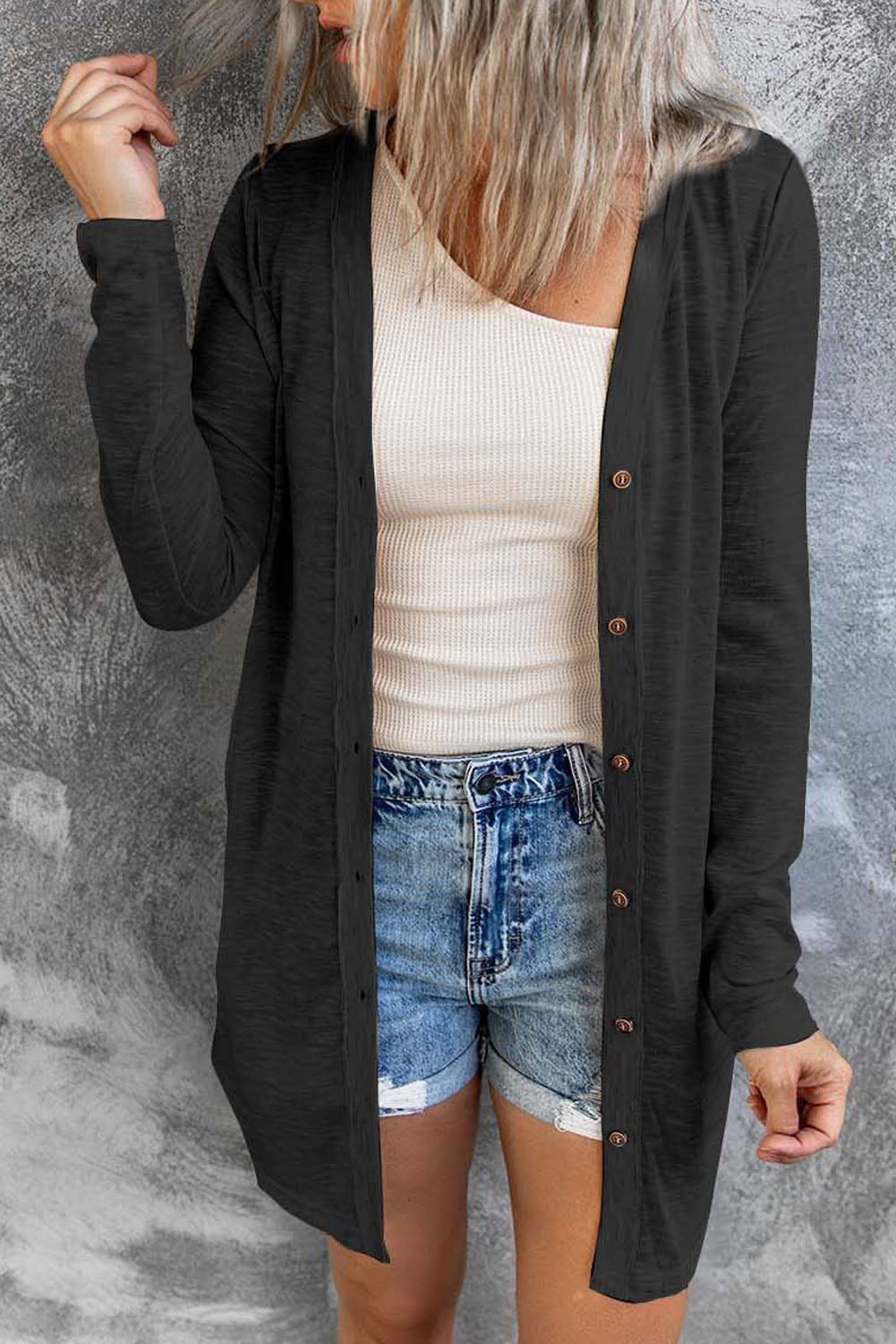 Solid Color Open-Front Buttons Cardigan-Sweaters & Cardigans/Cardigans-[Adult]-[Female]-Black-S-2022 Online Blue Zone Planet