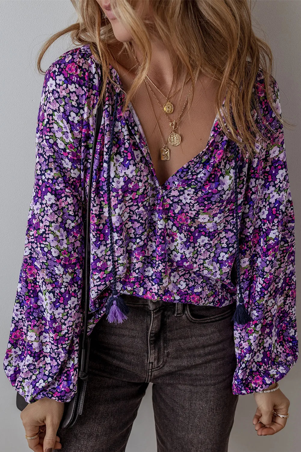 Floral Tie Neck Long Sleeve Blouse-TOPS / DRESSES-[Adult]-[Female]-Electric Purple-S-2022 Online Blue Zone Planet